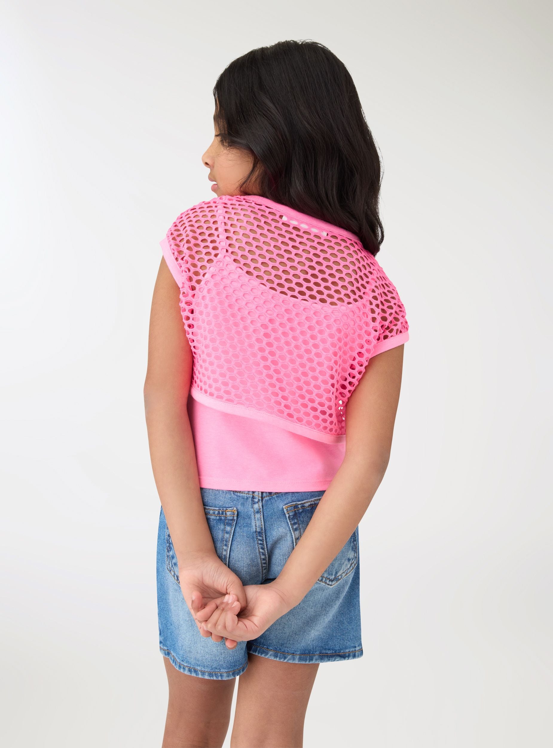 T-shirt crop doppiata con rete Rosa barbie chiaro donna