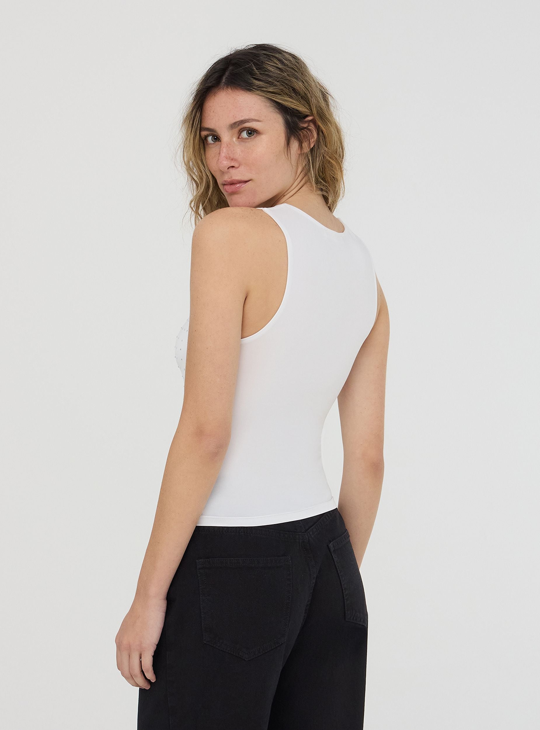 Top con strass e scollo americano Bianco ottico donna