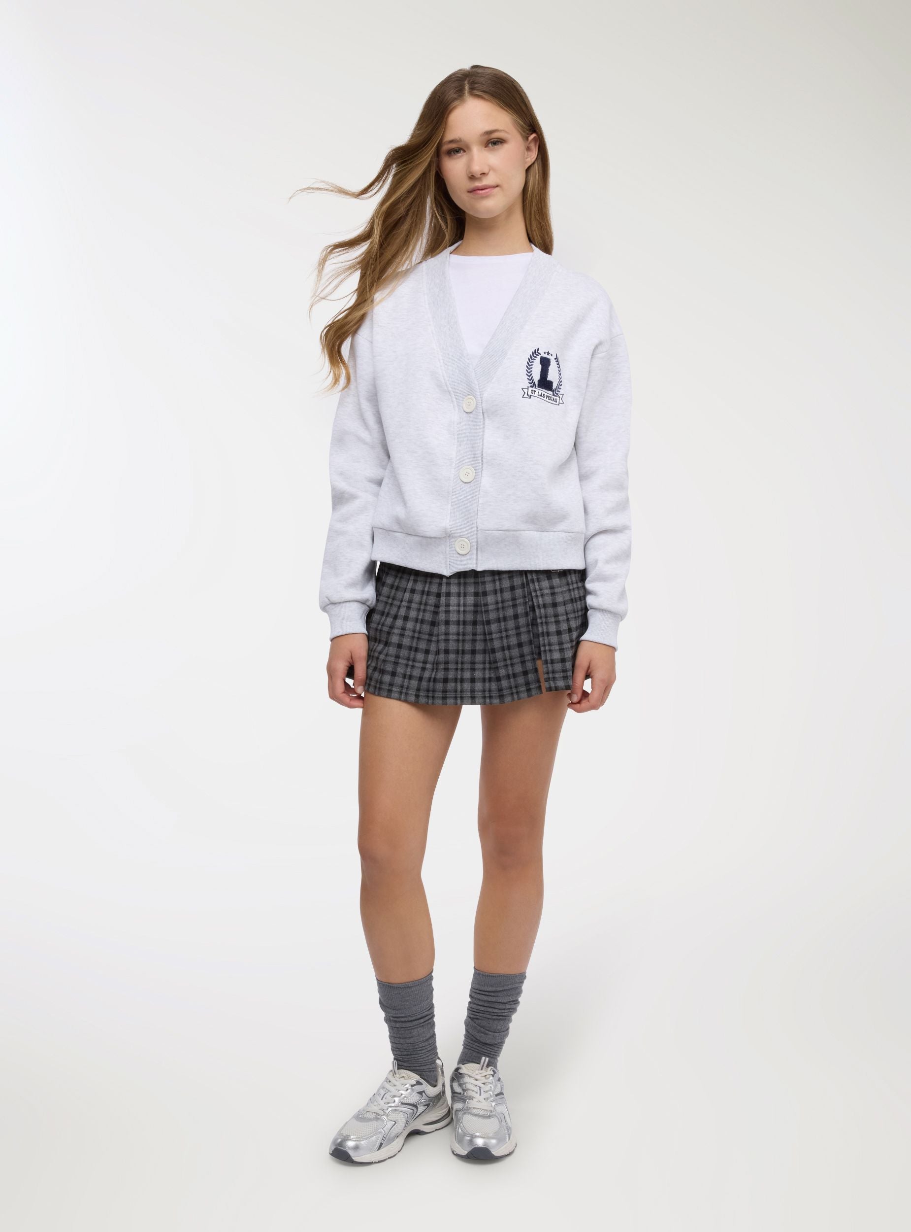 Cardigan ricamo college Grigio chiaro melange