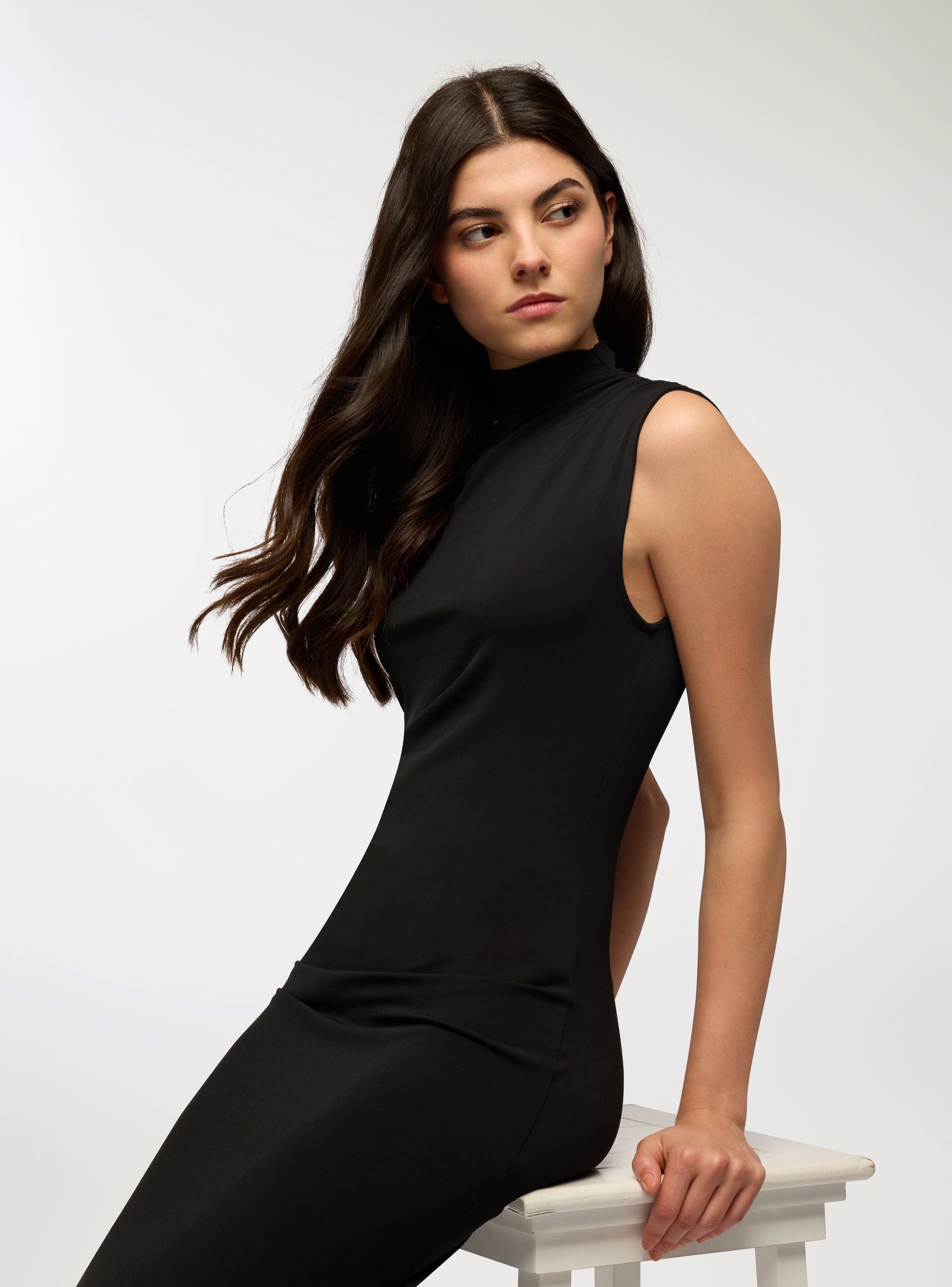 Long draped dress with high neck