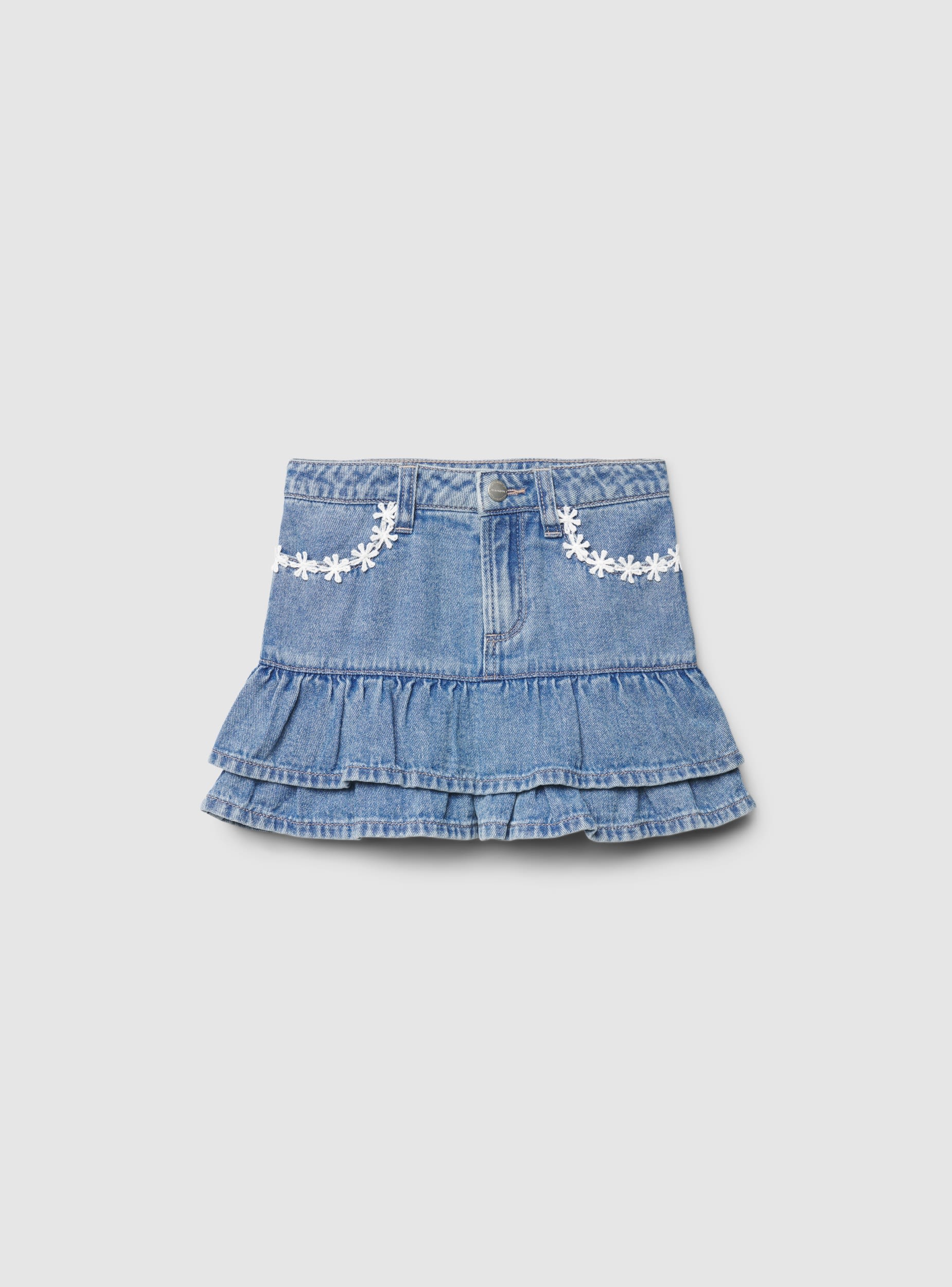 Gonna mini in denim con balze e ricami floreali Var blu denim medio