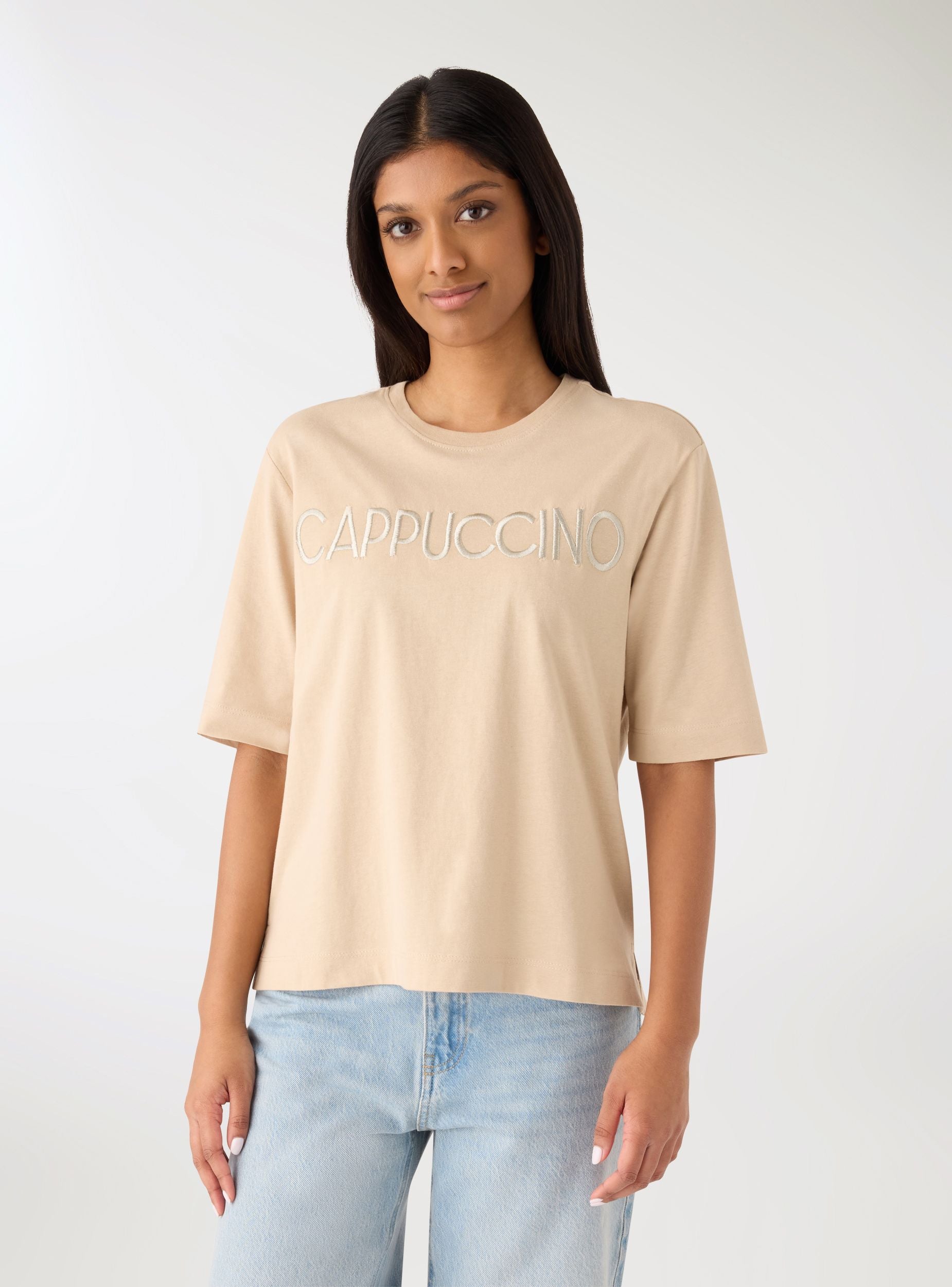 T-shirt con scritta ricamata Beige chiaro