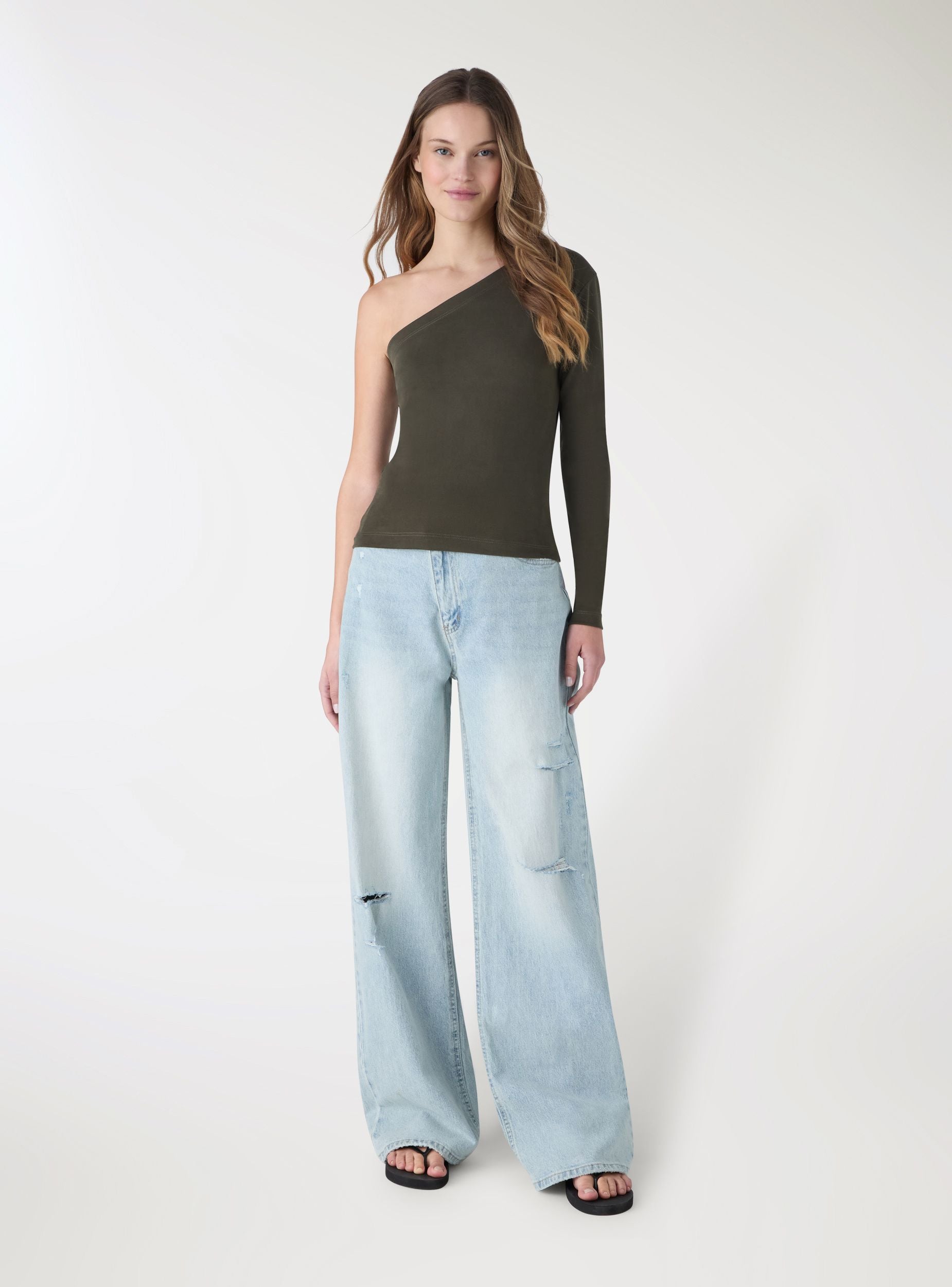 T-shirt monospalla a costine Verde militare donna