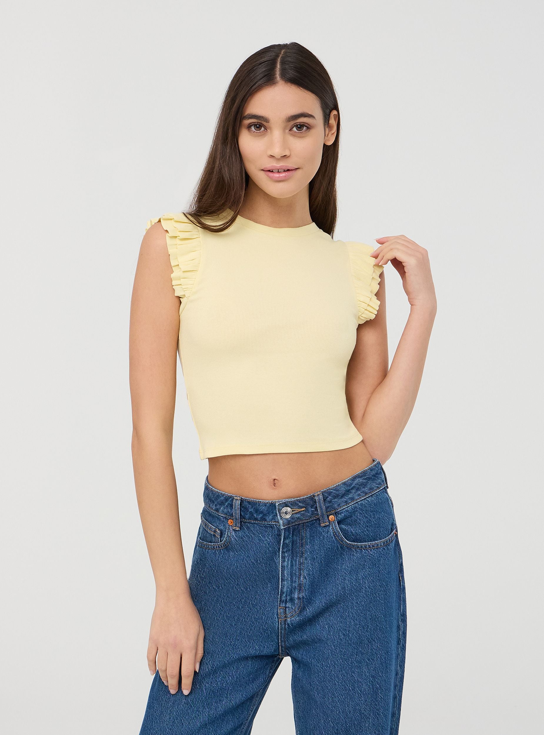 T-shirt crop con maniche a balze Giallo chiaro donna