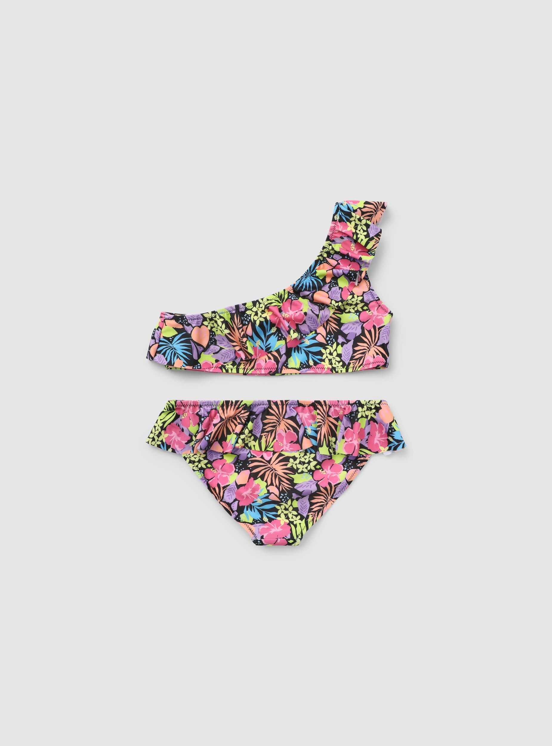 Bikini monospalla a fiori con balza Var nero