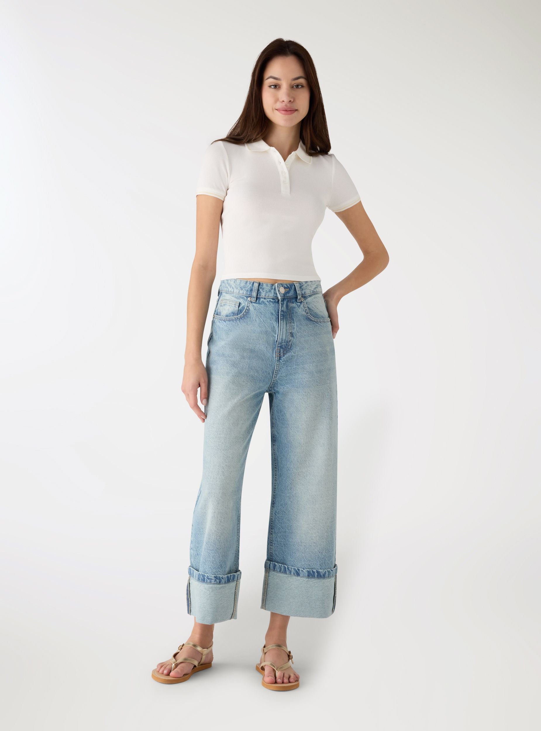 T-shirt polo crop a tinta unita Var bianco lana donna