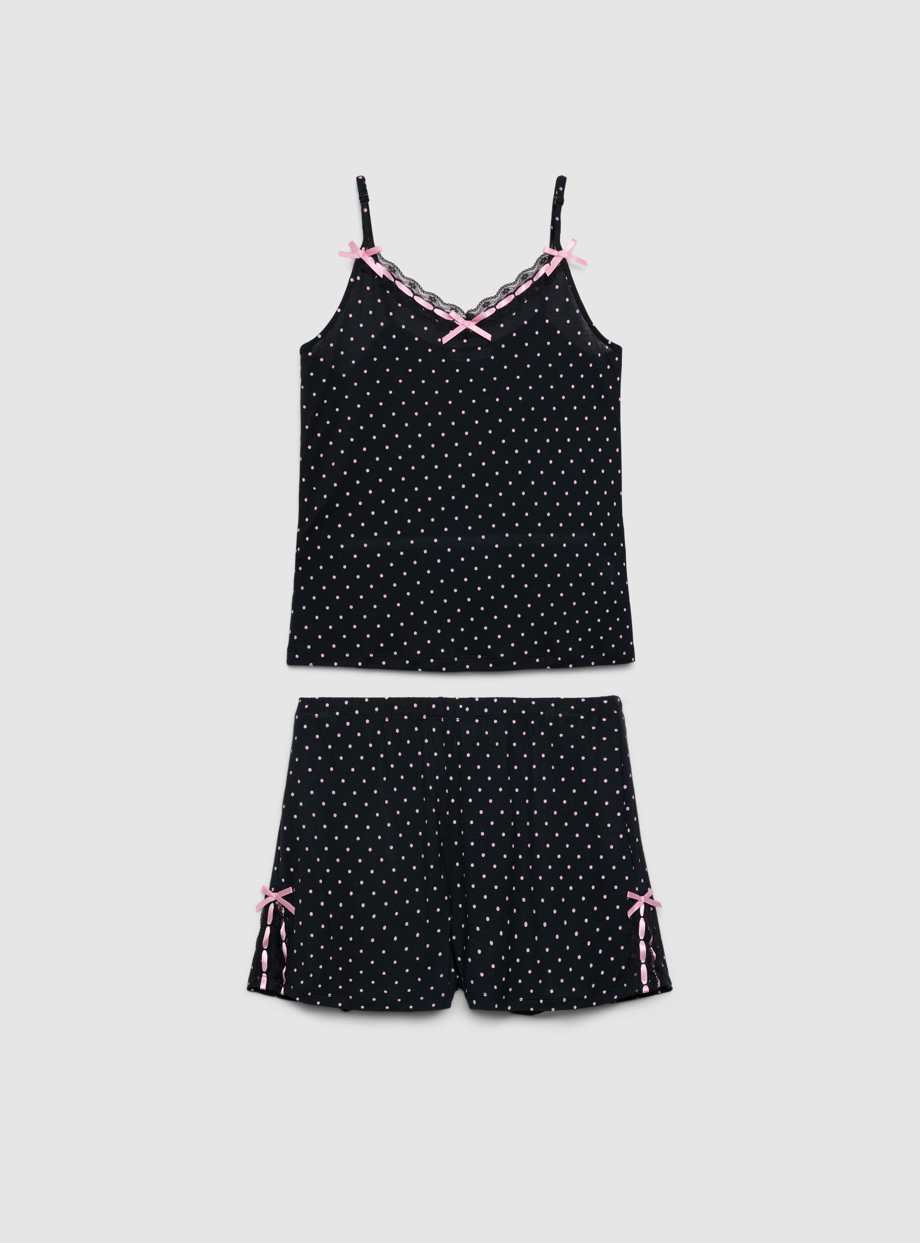 Set pigiama con top a spalline e shorts a pois Var nero