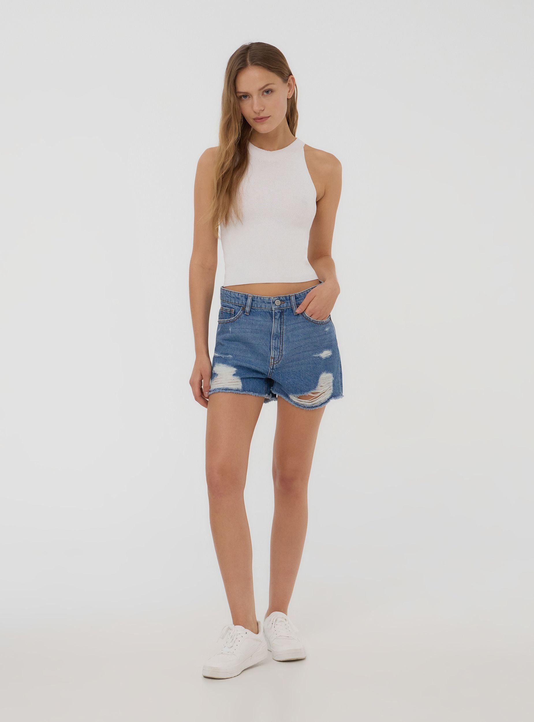 Top in maglia con scollo americano Bianco ottico donna
