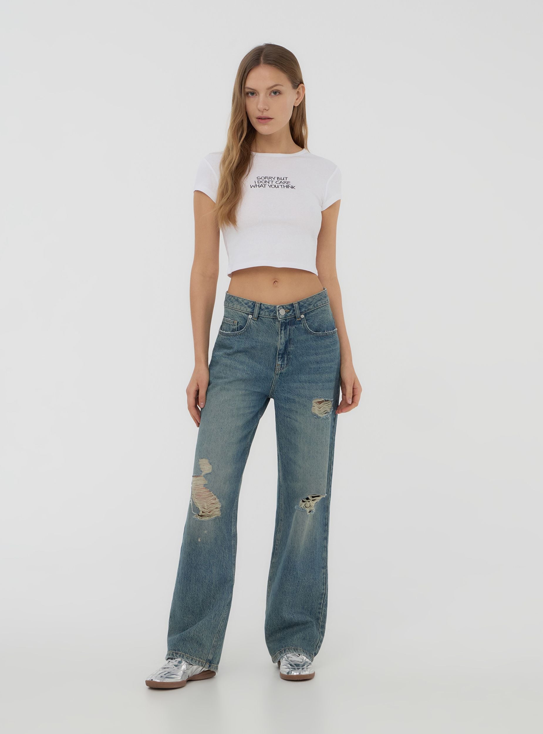 T-shirt crop con scritta divertente Bianco ottico donna