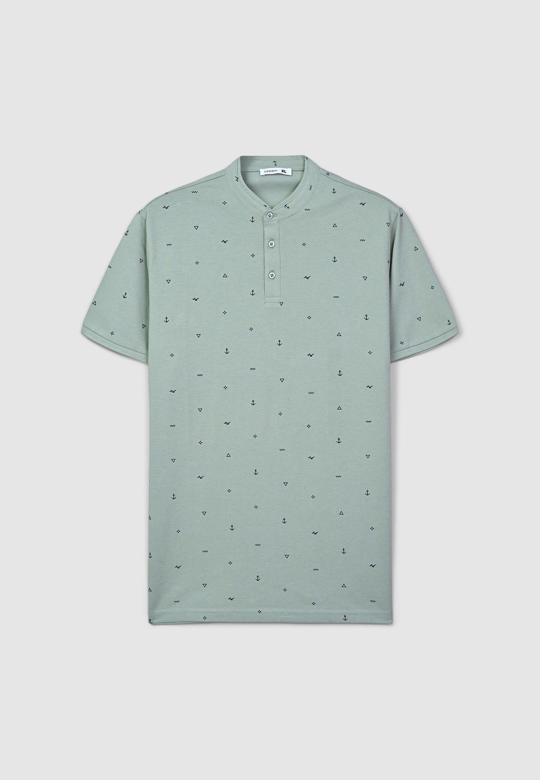 T-shirt serafino con colletto coreana in microfantasia Var verde pastello donna