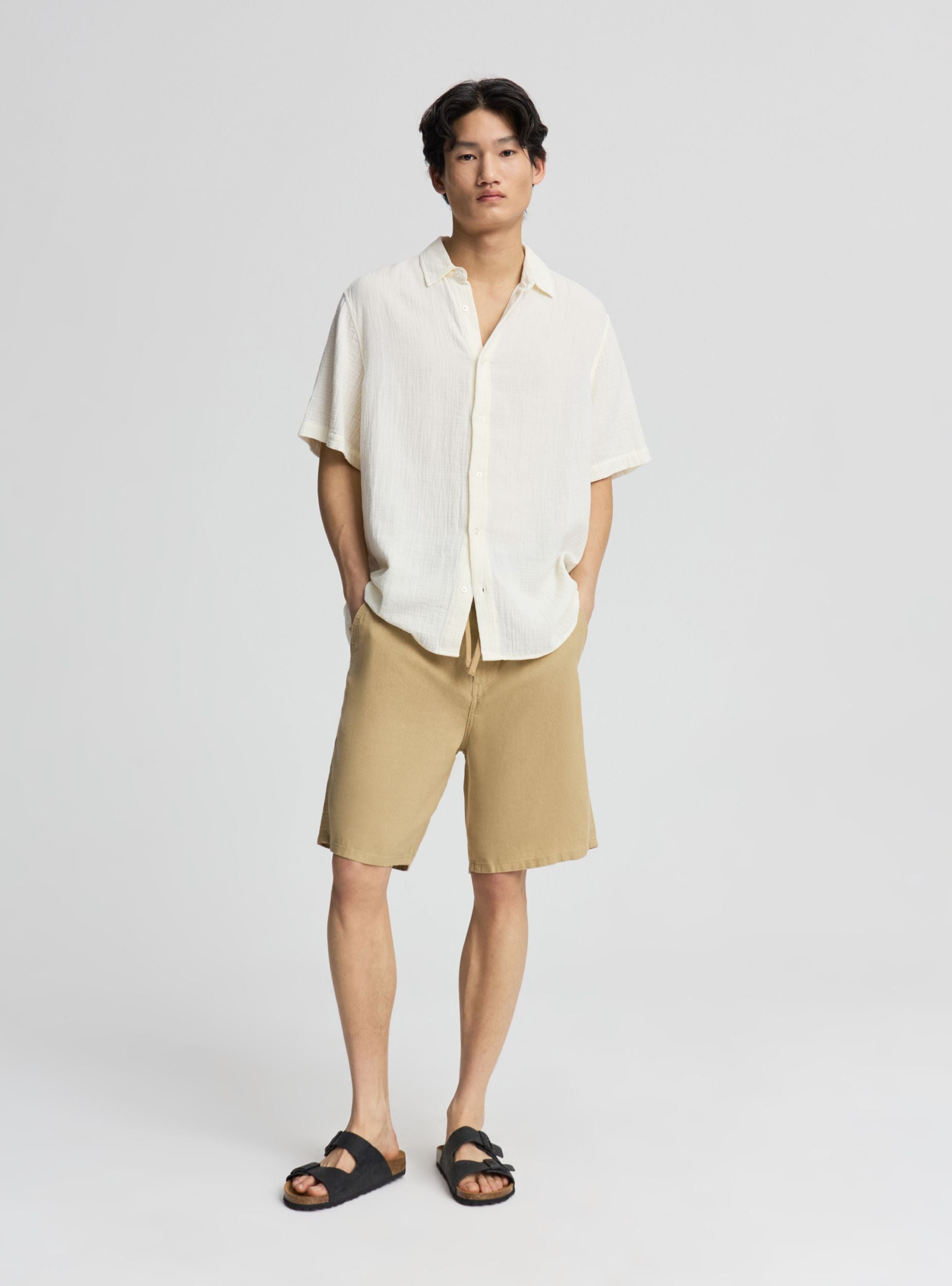 Pantaloncini chinos con coulisse effetto lino a tinta unita Beige chiaro