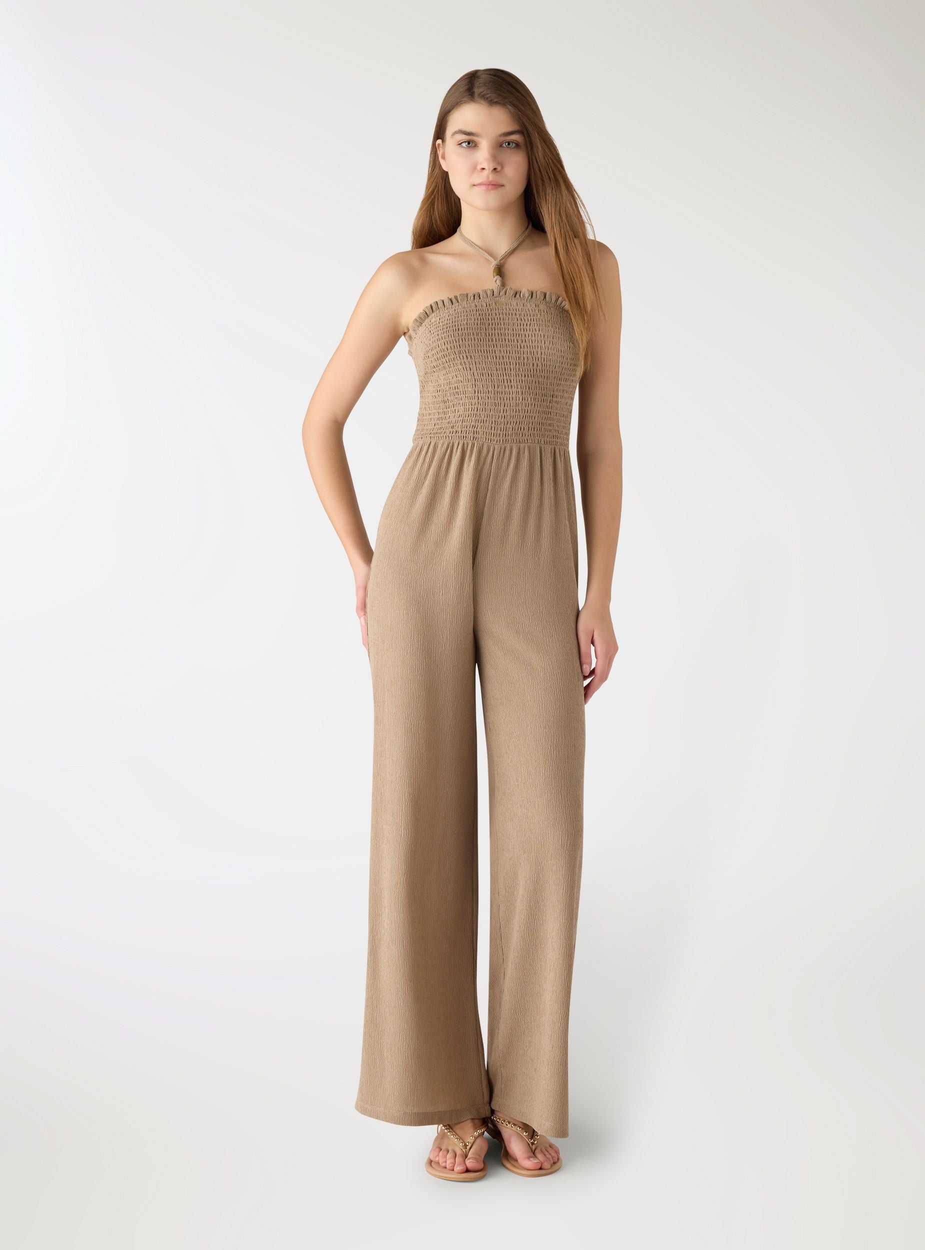 Tuta lunga a fascia con laccio al collo Beige scuro donna