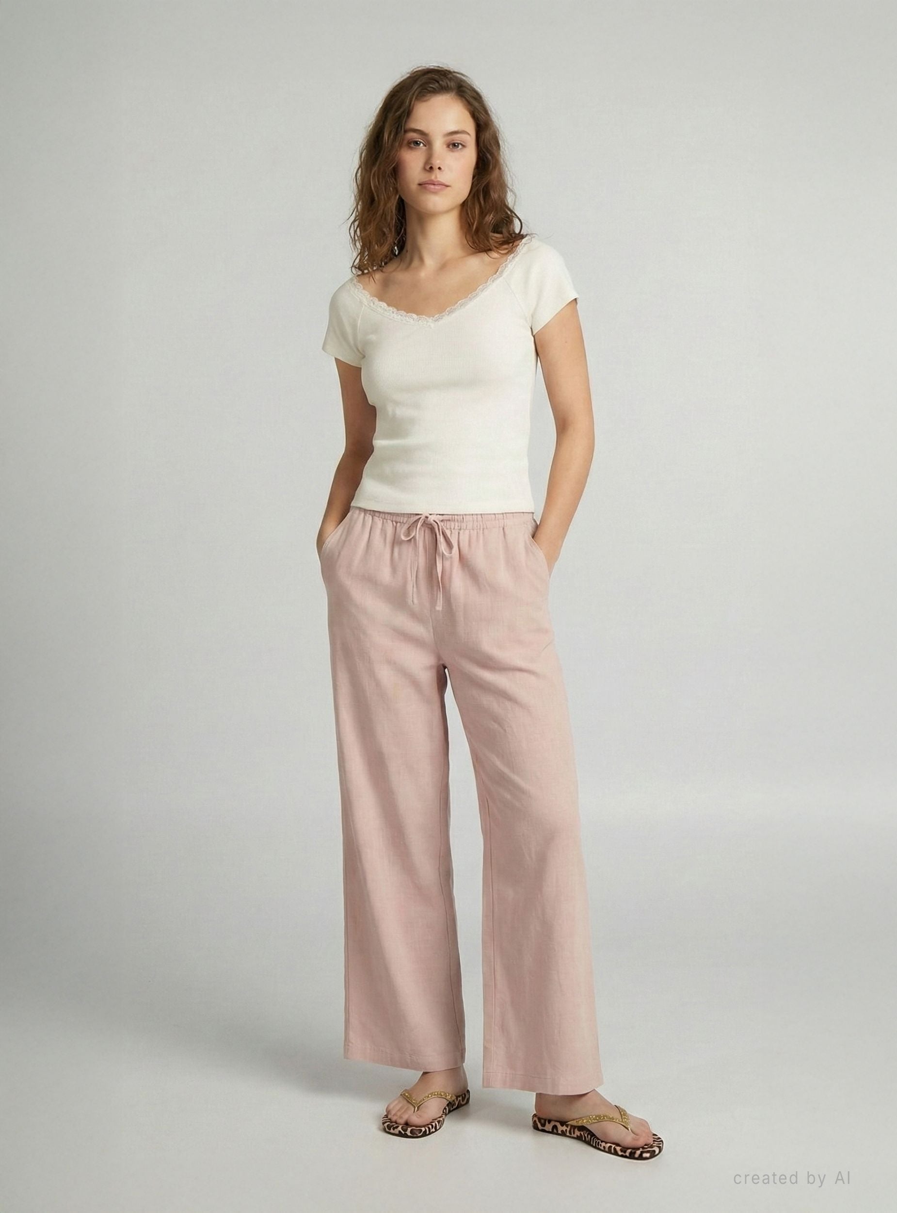 Pantaloni wide leg in cotone Beige chiaro