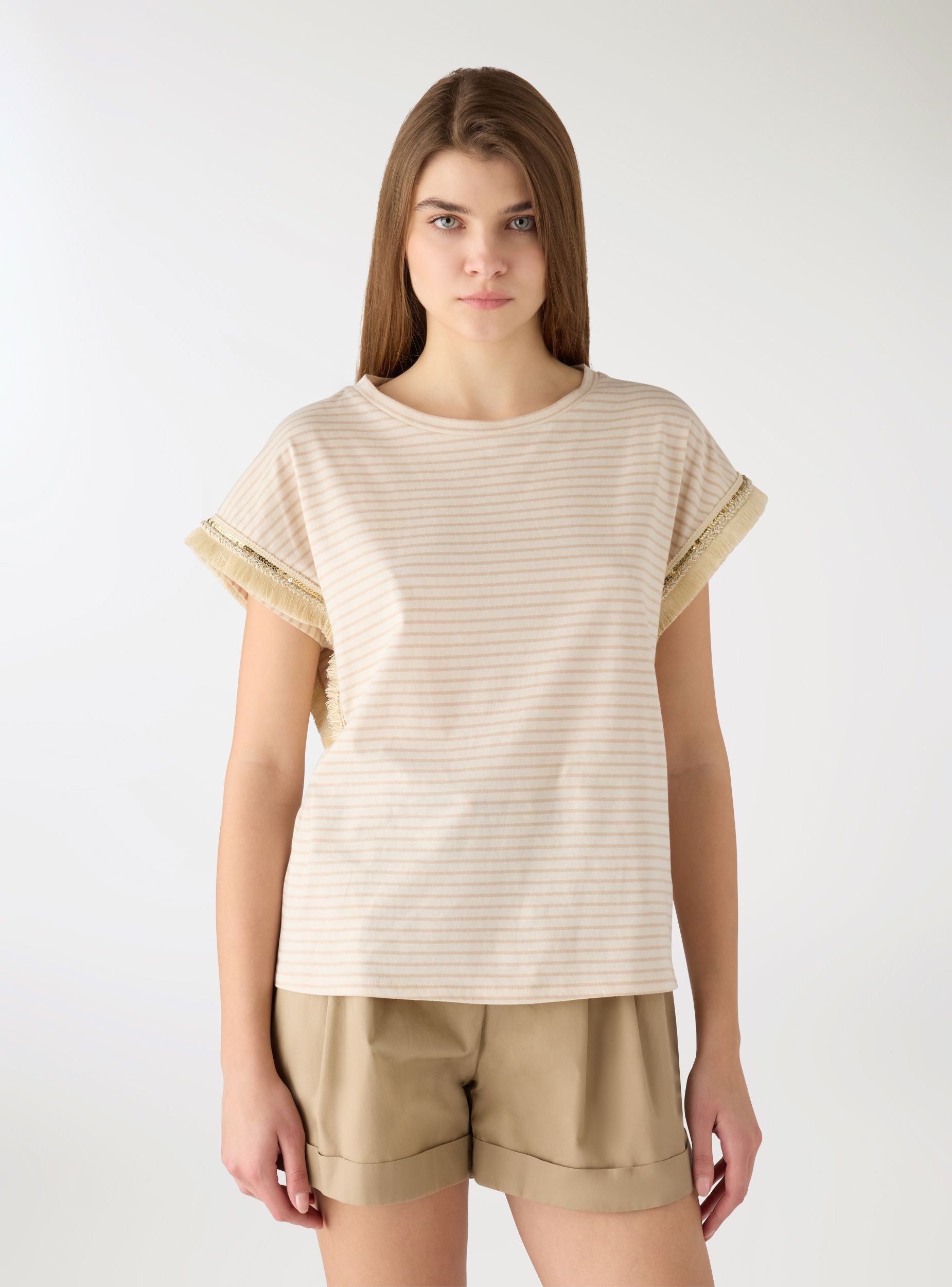 T-shirt a righe con passamaneria Var beige chiaro