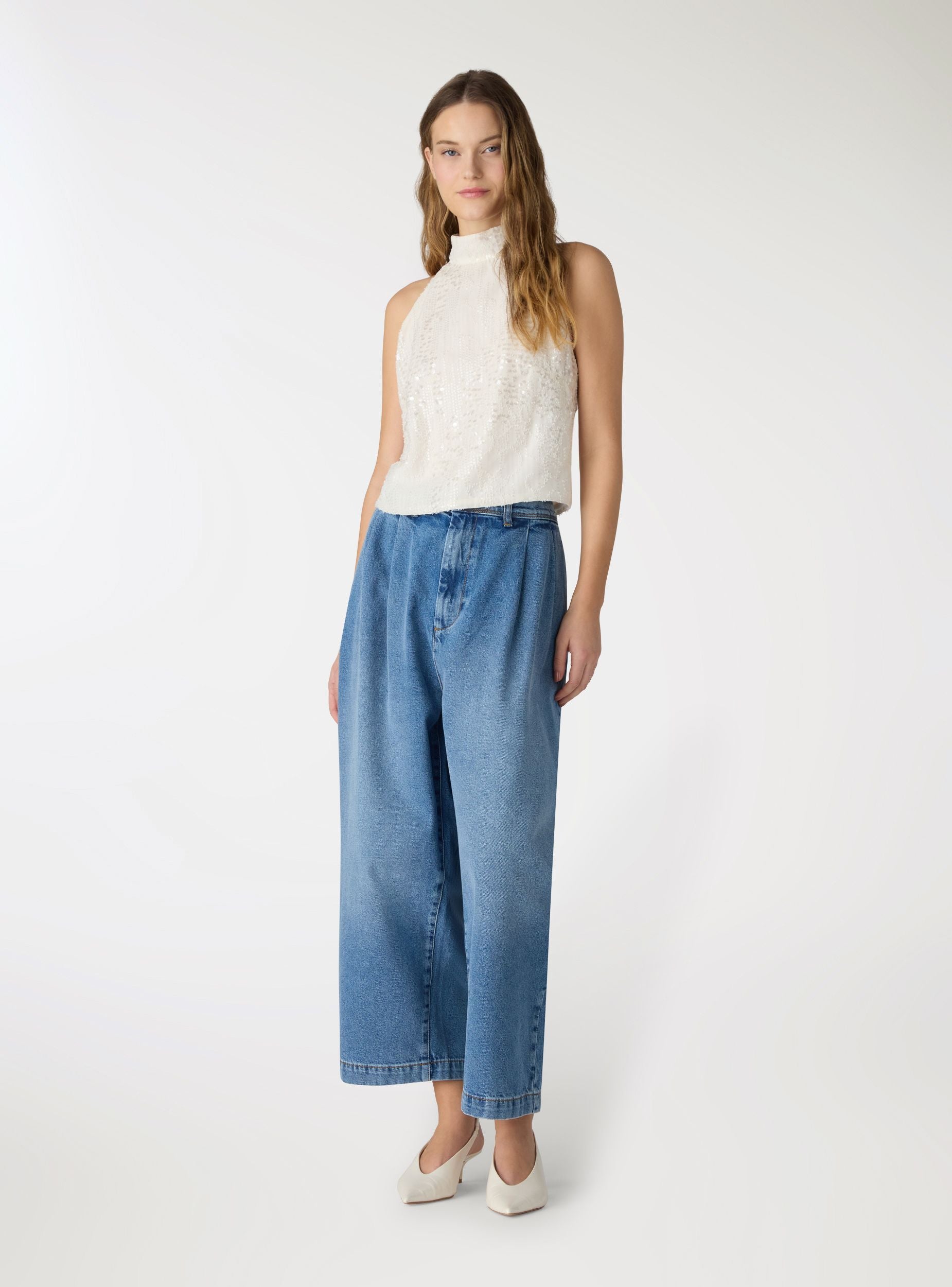 Jeans balloon con vita elasticizzata e pinces Blu denim medio