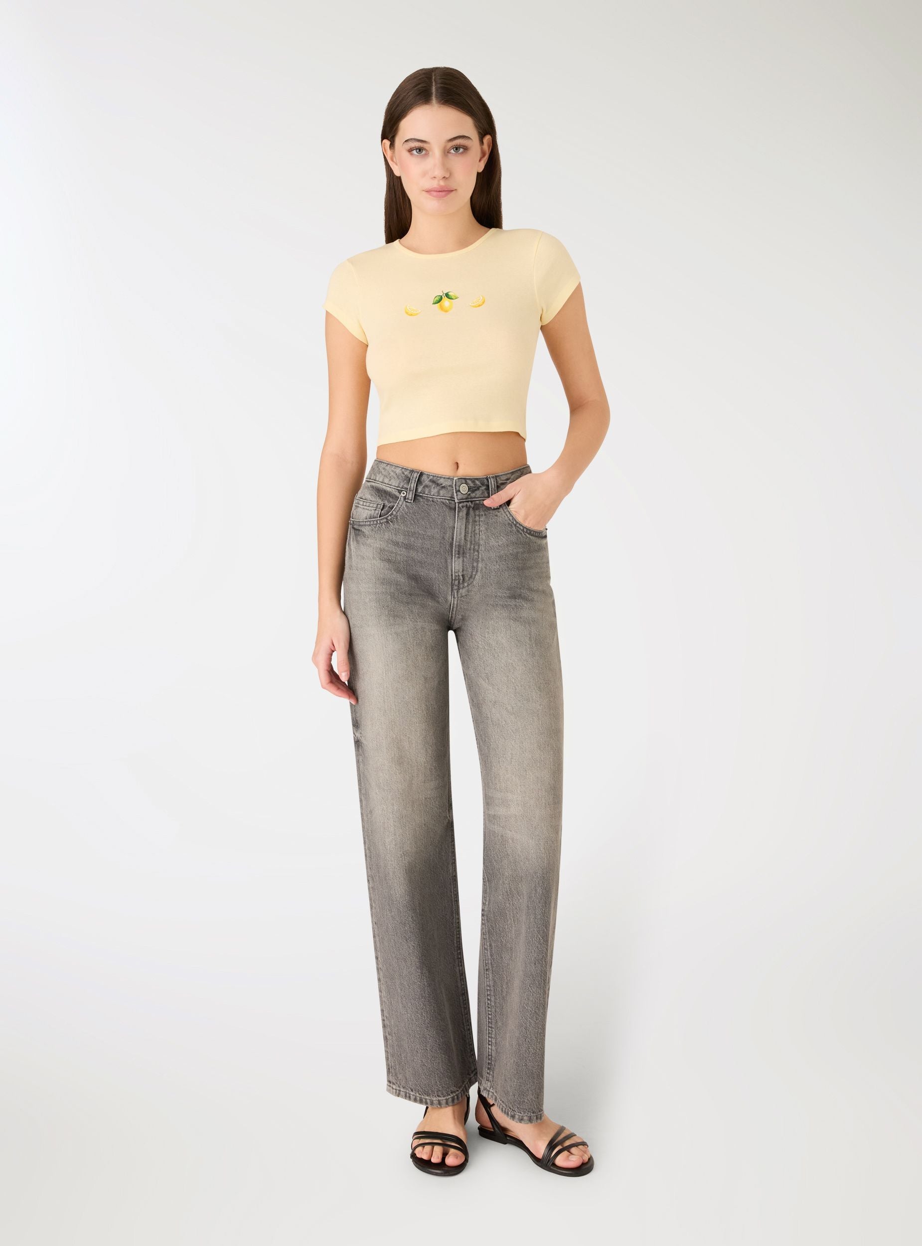 T-shirt crop con stampa limoni Giallo chiaro donna