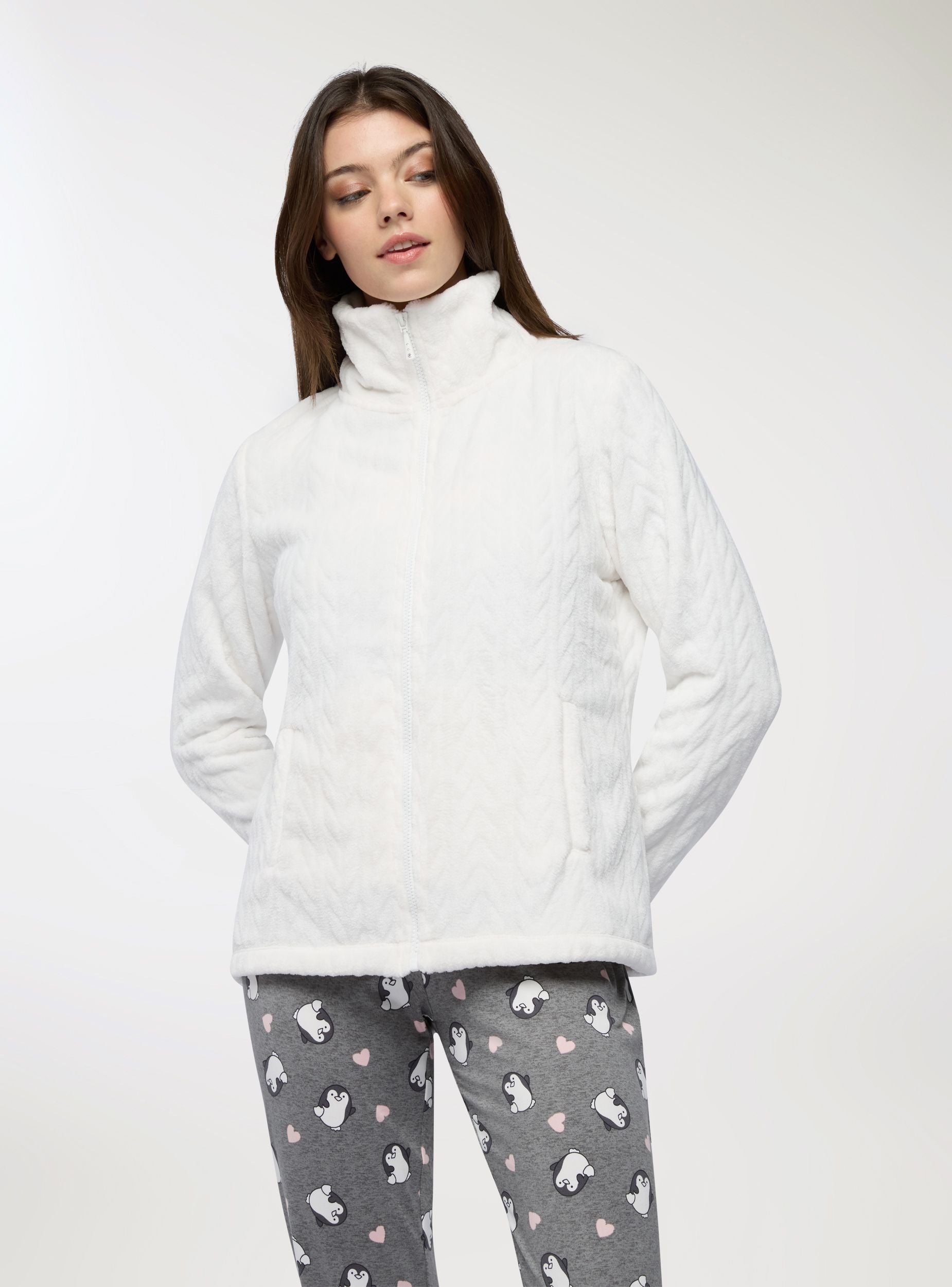 Felpa a treccia con zip girocollo Bianco lana