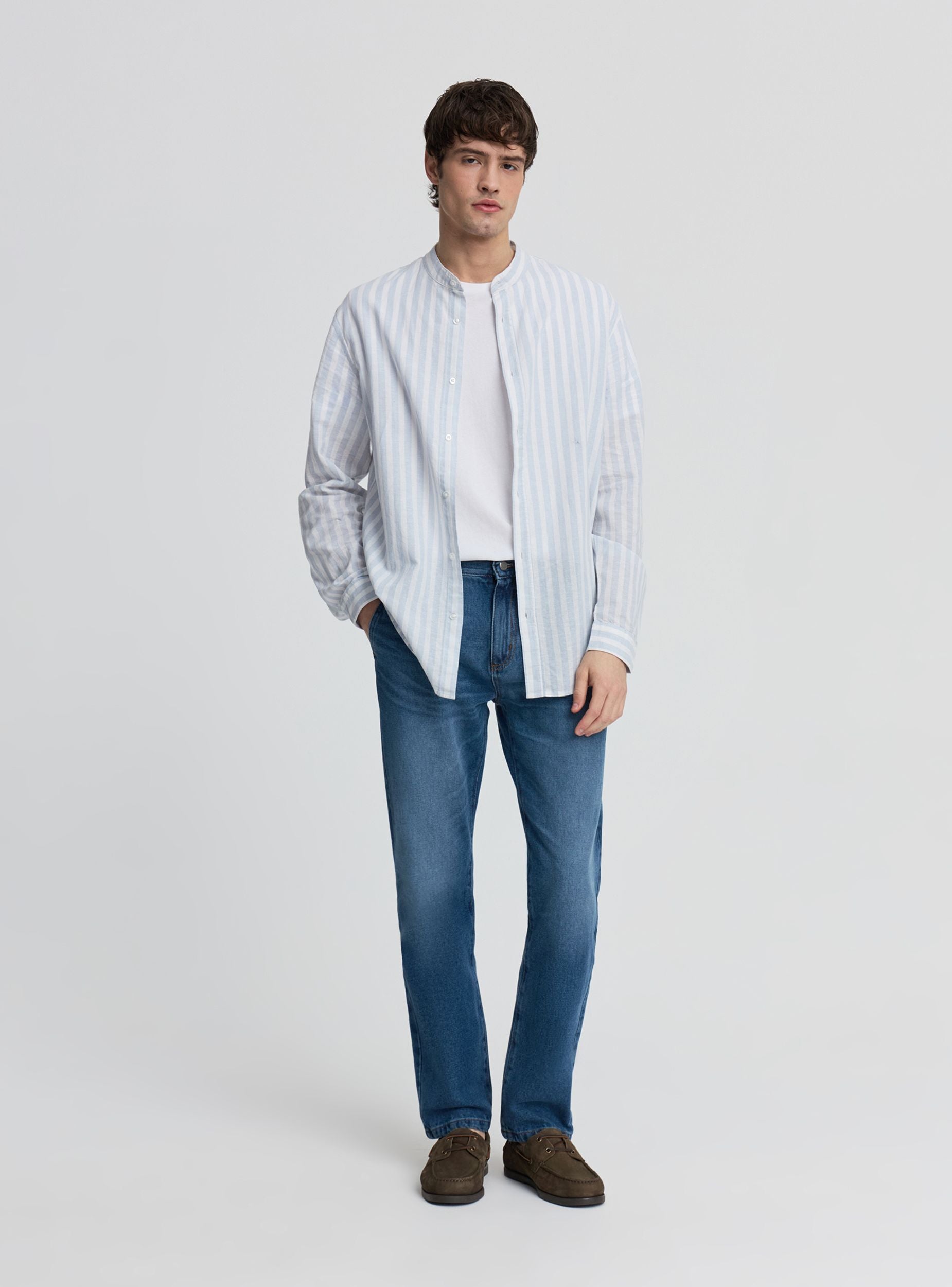 Camicia a righe con collo coreano Var azzurro