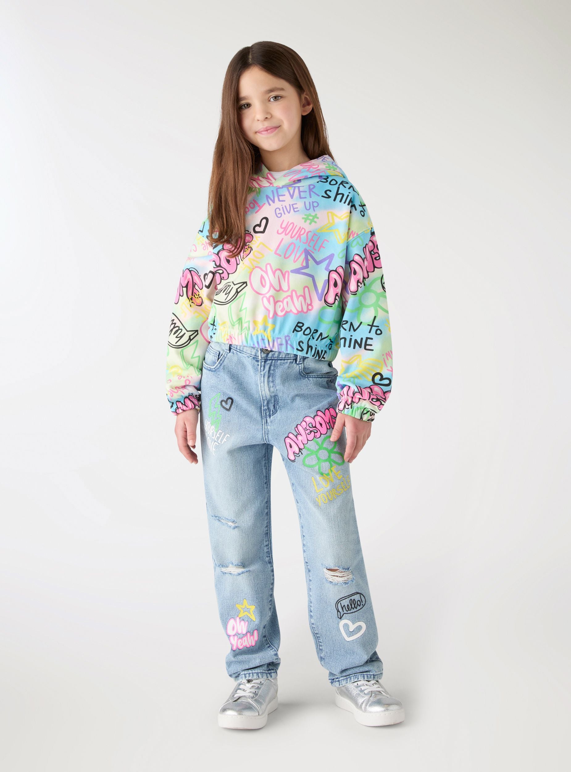 Felpa crop con cappuccio e stampa graffiti Bianco lana