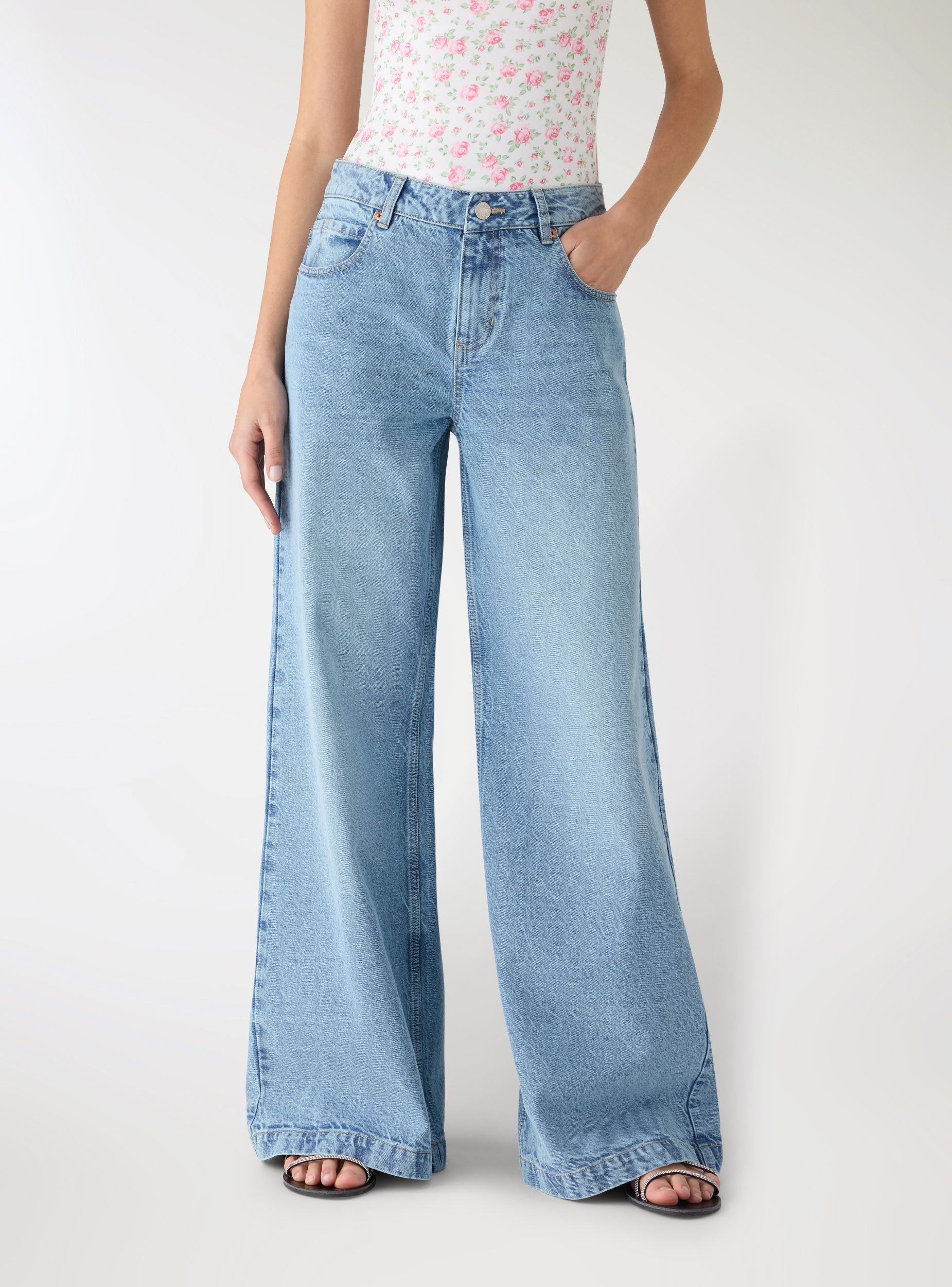 Jeans baggy a vita bassa tinta unita Blu denim medio