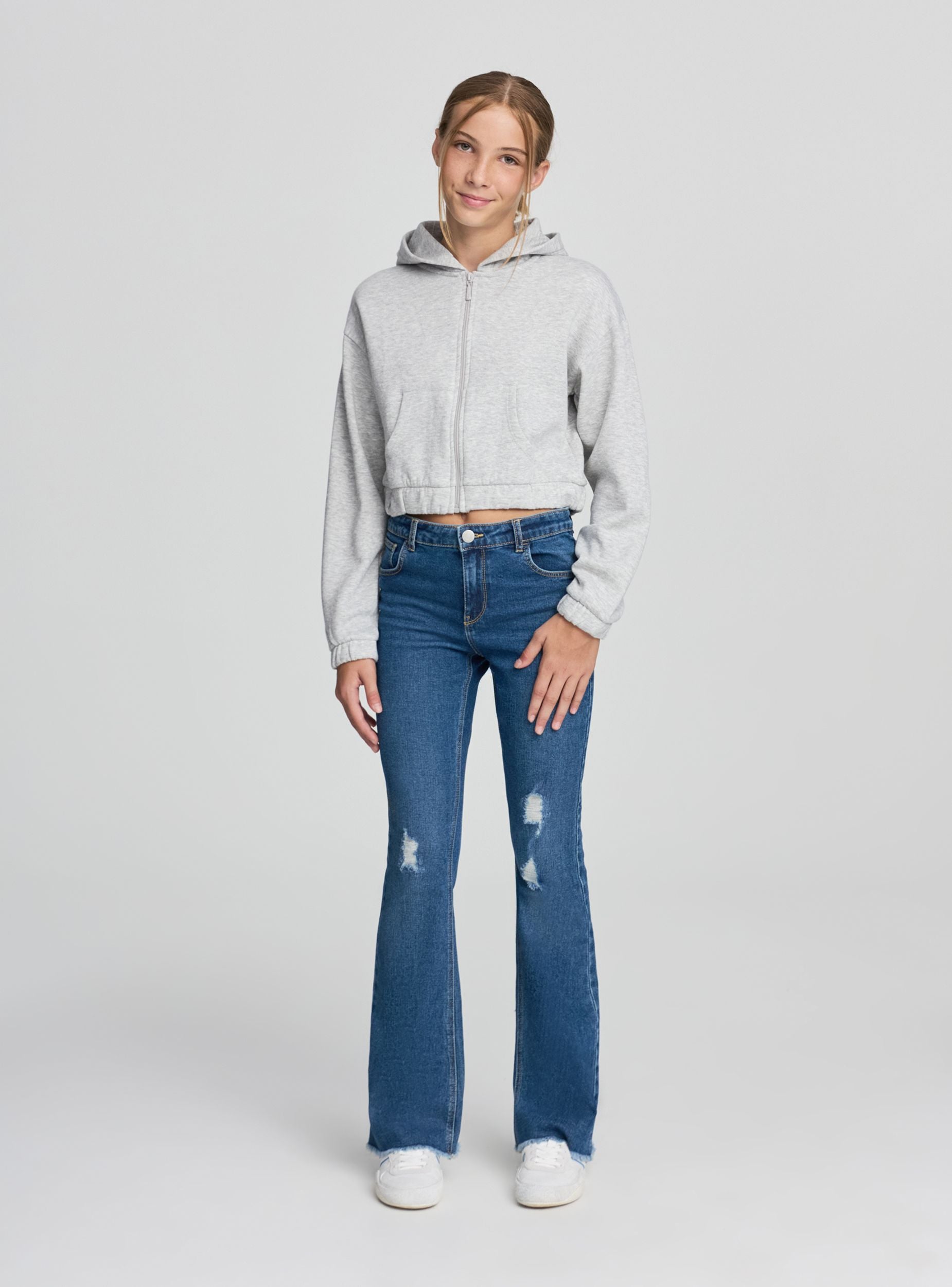 Felpa crop con cappuccio e zip Grigio chiaro melange