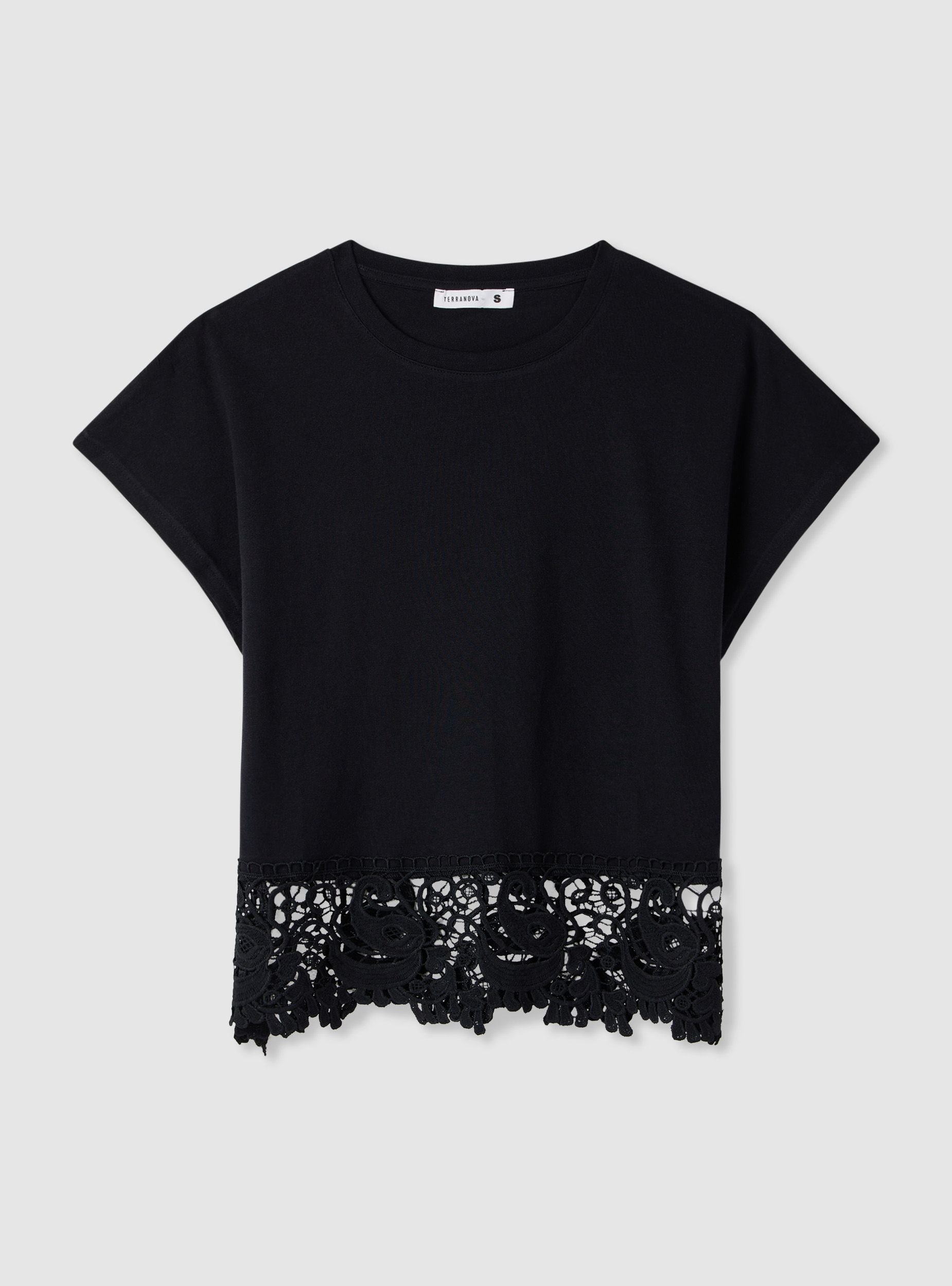 T-shirt crop ampia con bordo macramè donna