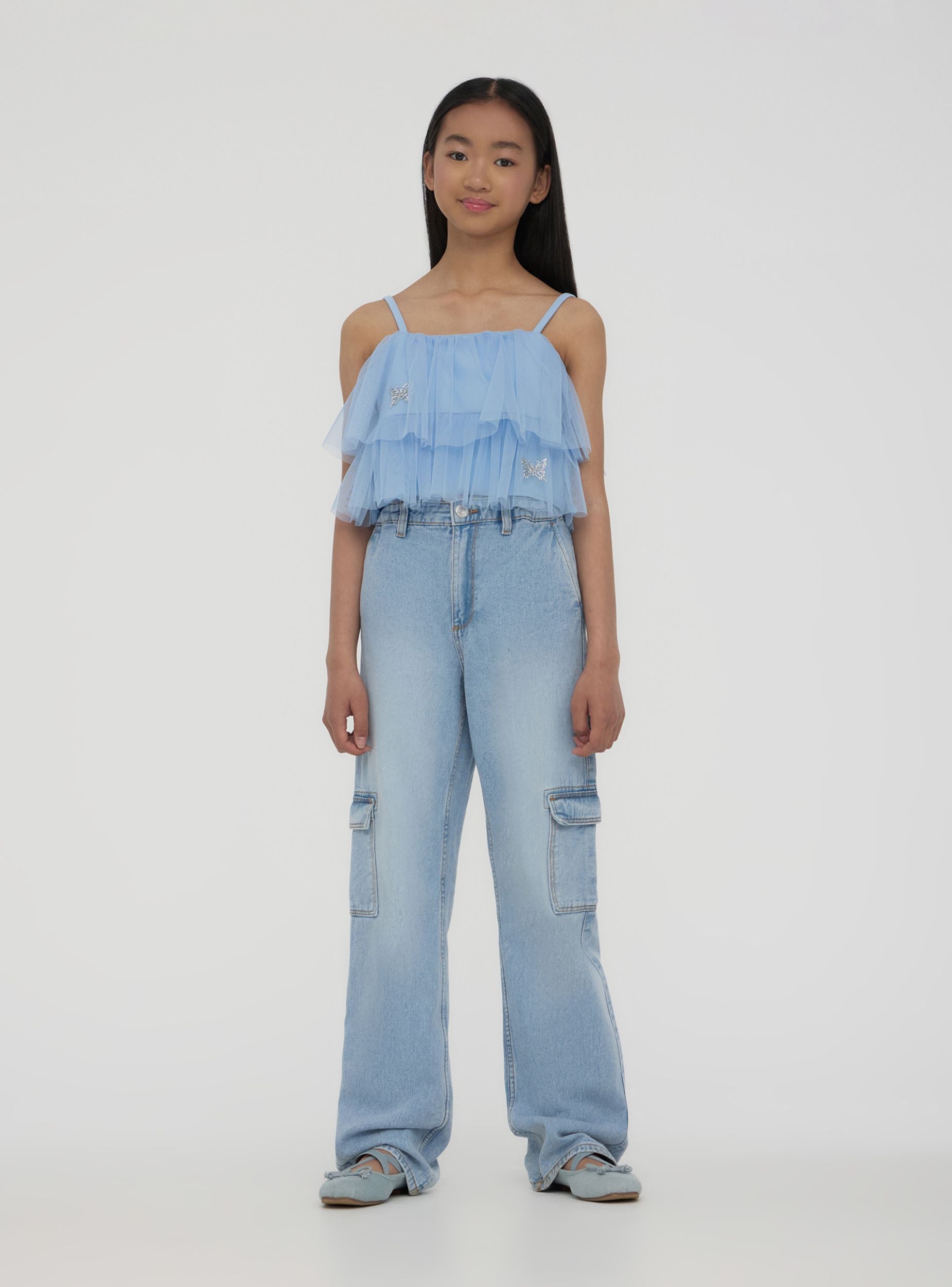 Top in tulle con volant e farfalle donna