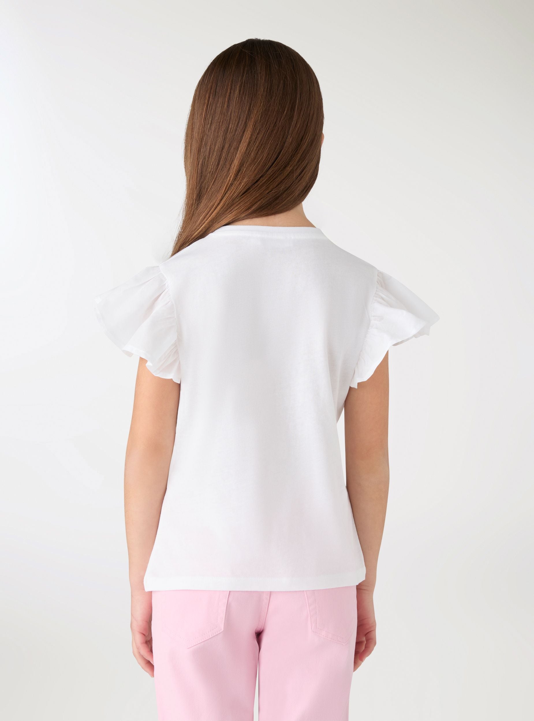T-shirt maniche a balze e scritta glitter Bianco ottico donna
