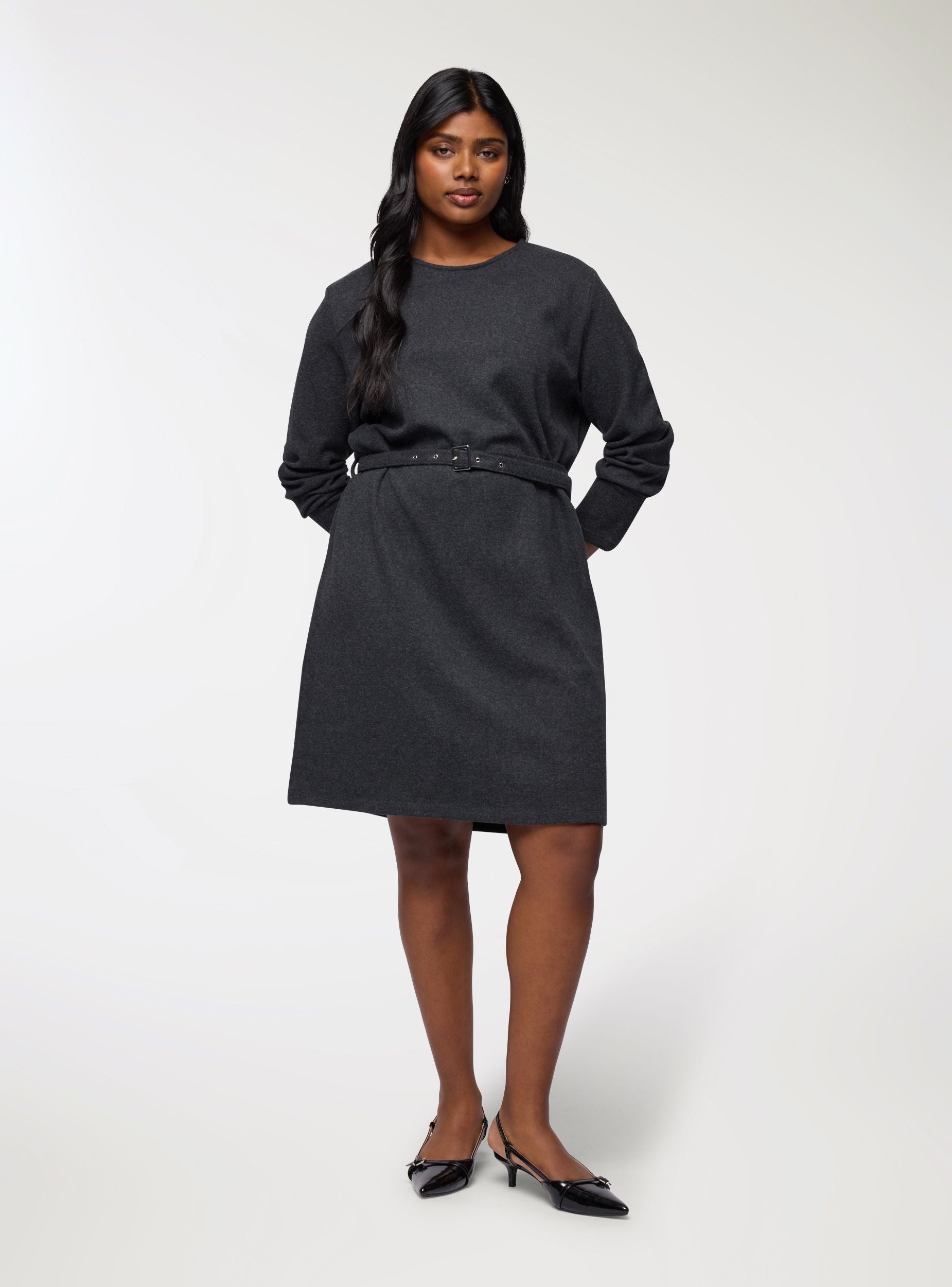 Vestito con cintura in maglia Nero melange donna