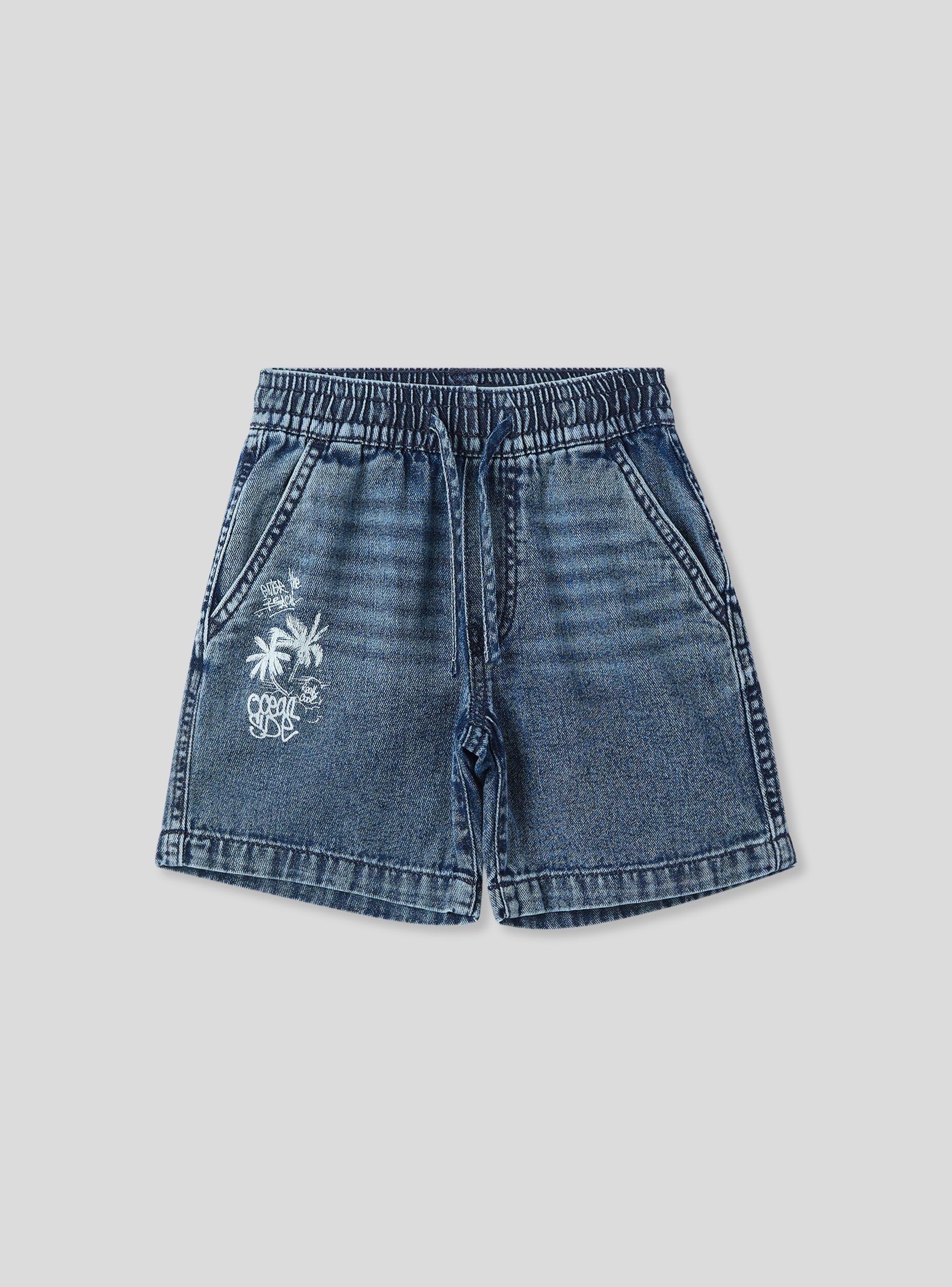 Shorts jogger in demim con stampa Var blu denim medio