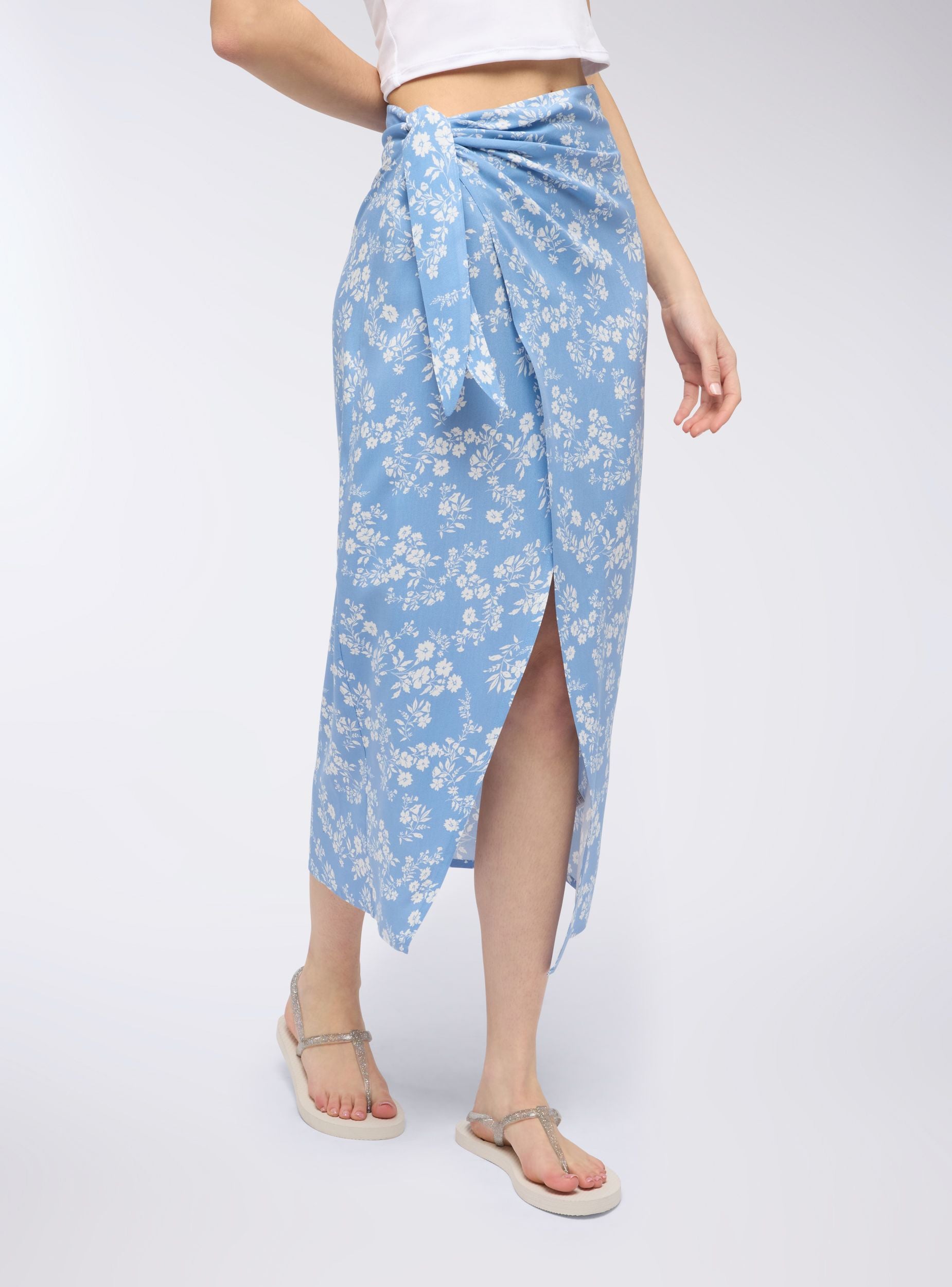 Gonna pareo con stampa floreale Var celeste