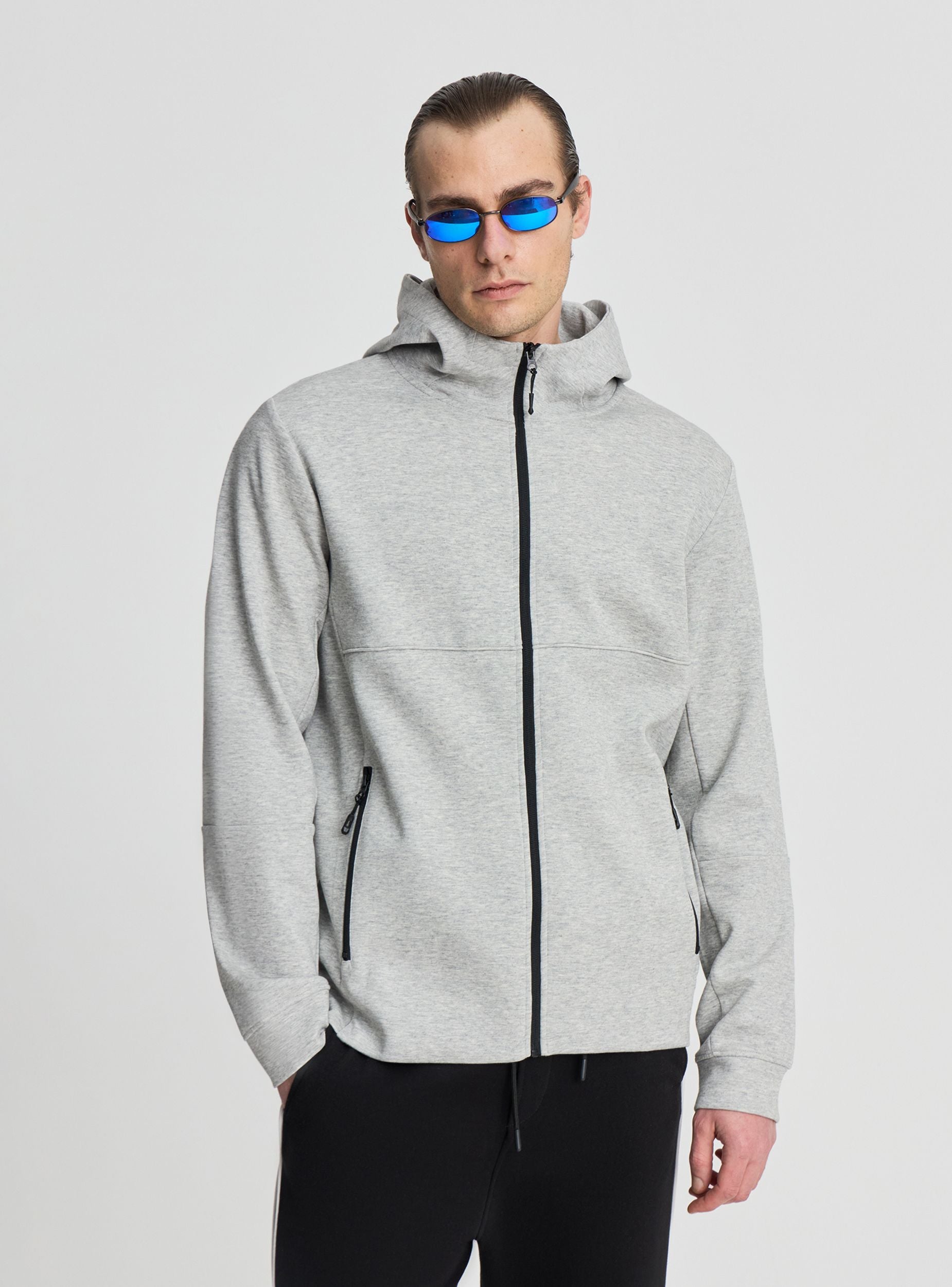 Felpa tecnica con cappuccio e zip Grigio chiaro melange