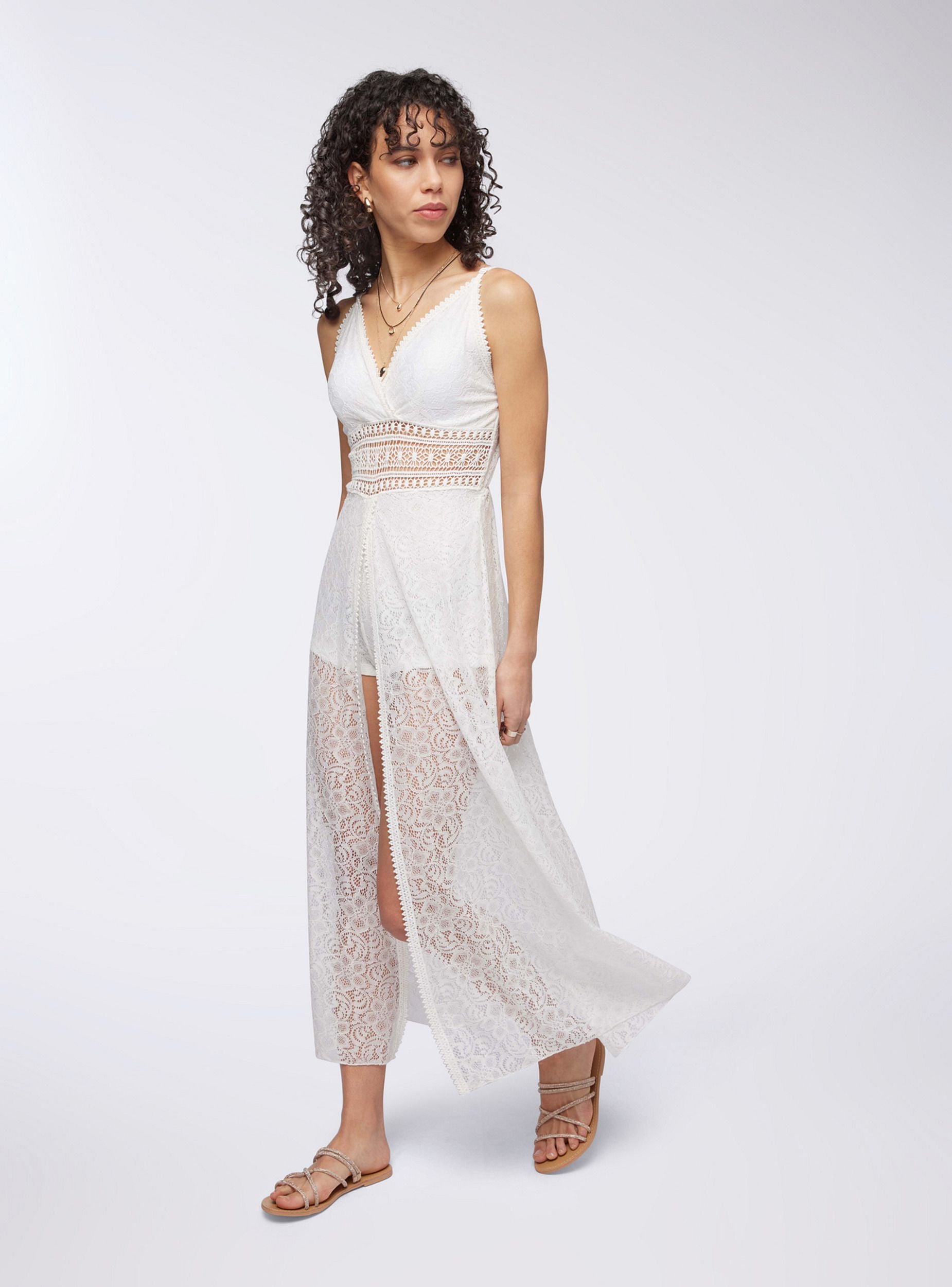 Vestito lungo in pizzo con shorts Bianco lana donna