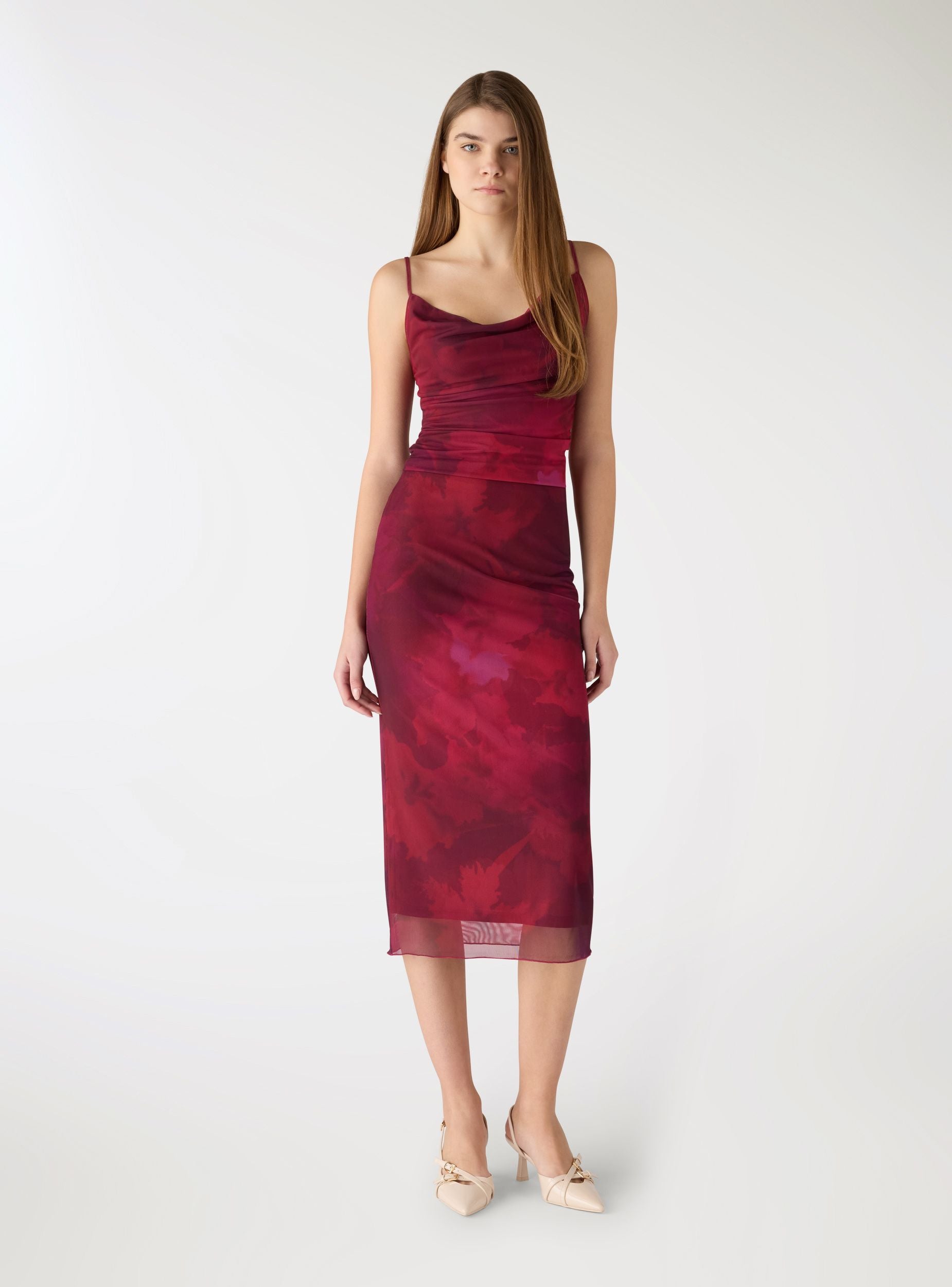 Top con scollo sciallato e stampa fiori Var fucsia scuro donna