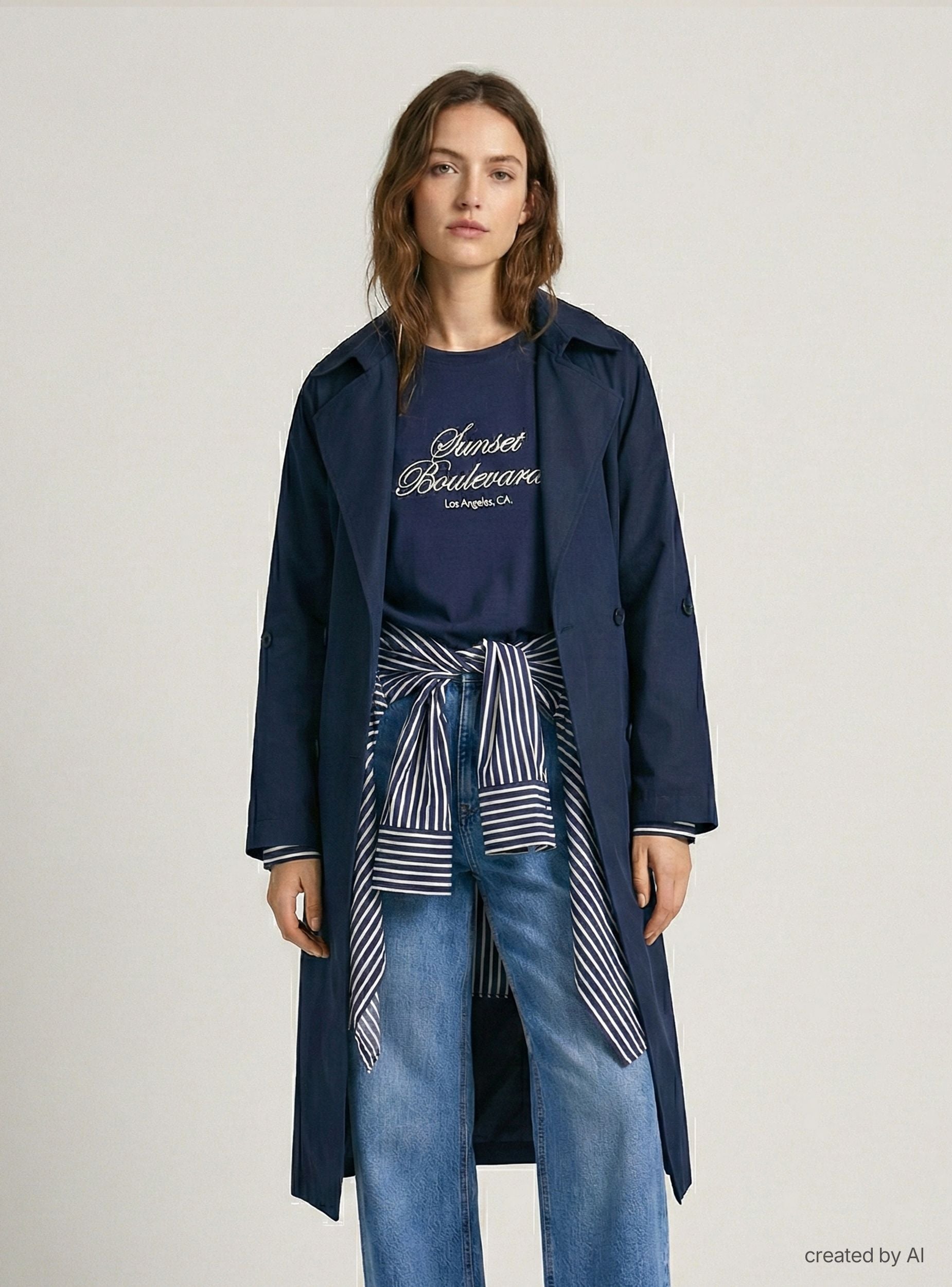 Trench lungo doppiopetto con cintura Blu scuro donna
