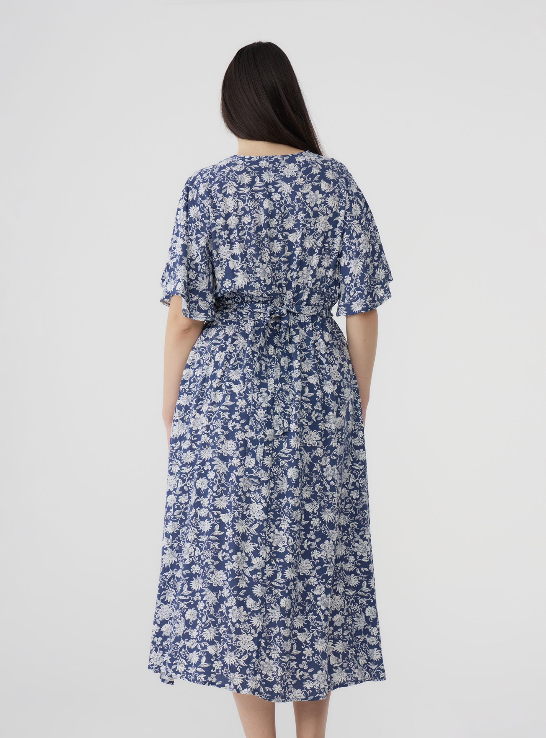 Vestito lungo incrociato fantasia fiori Var blu scuro donna
