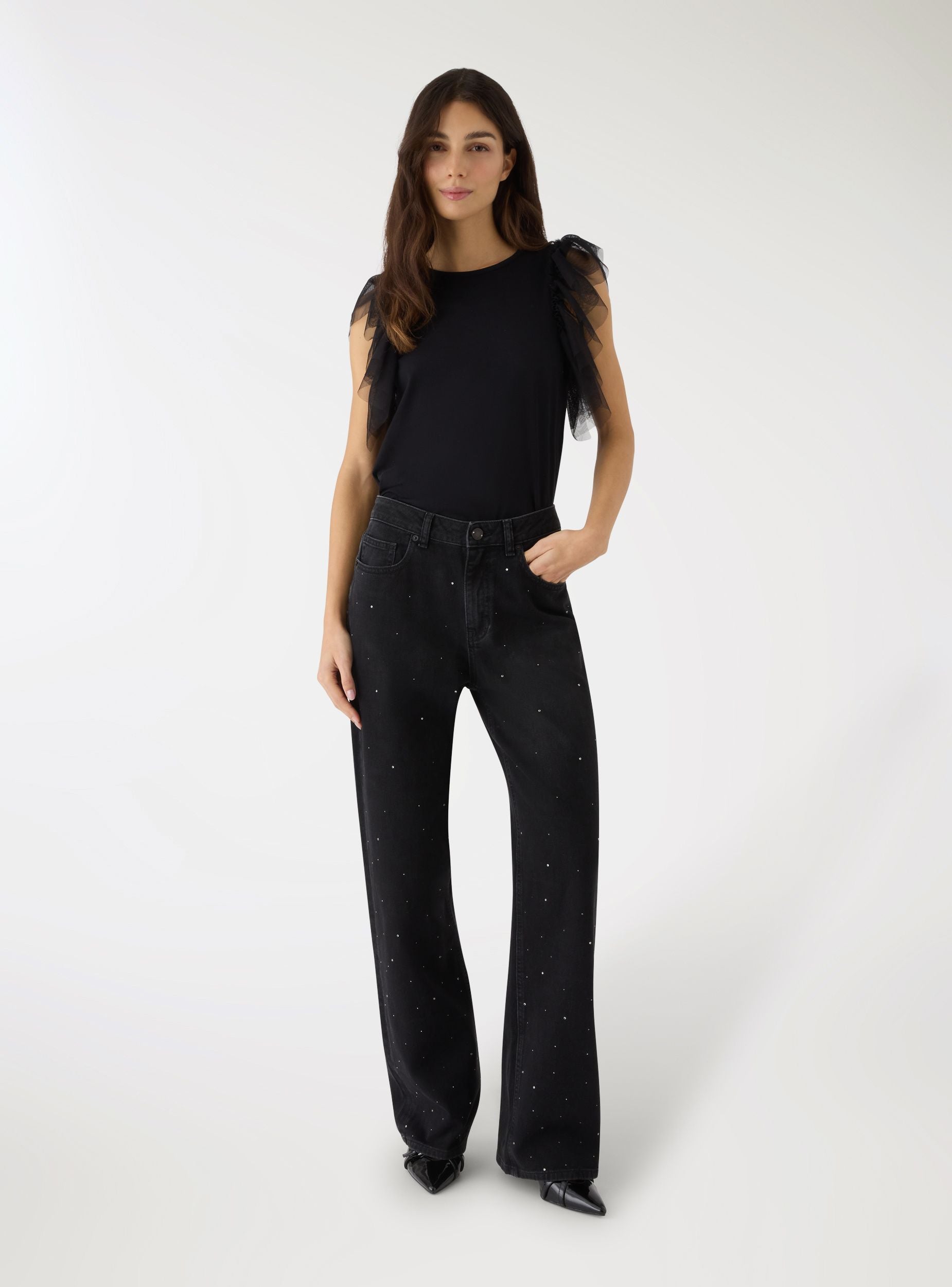 Jeans wide leg con strass allover Nero denim