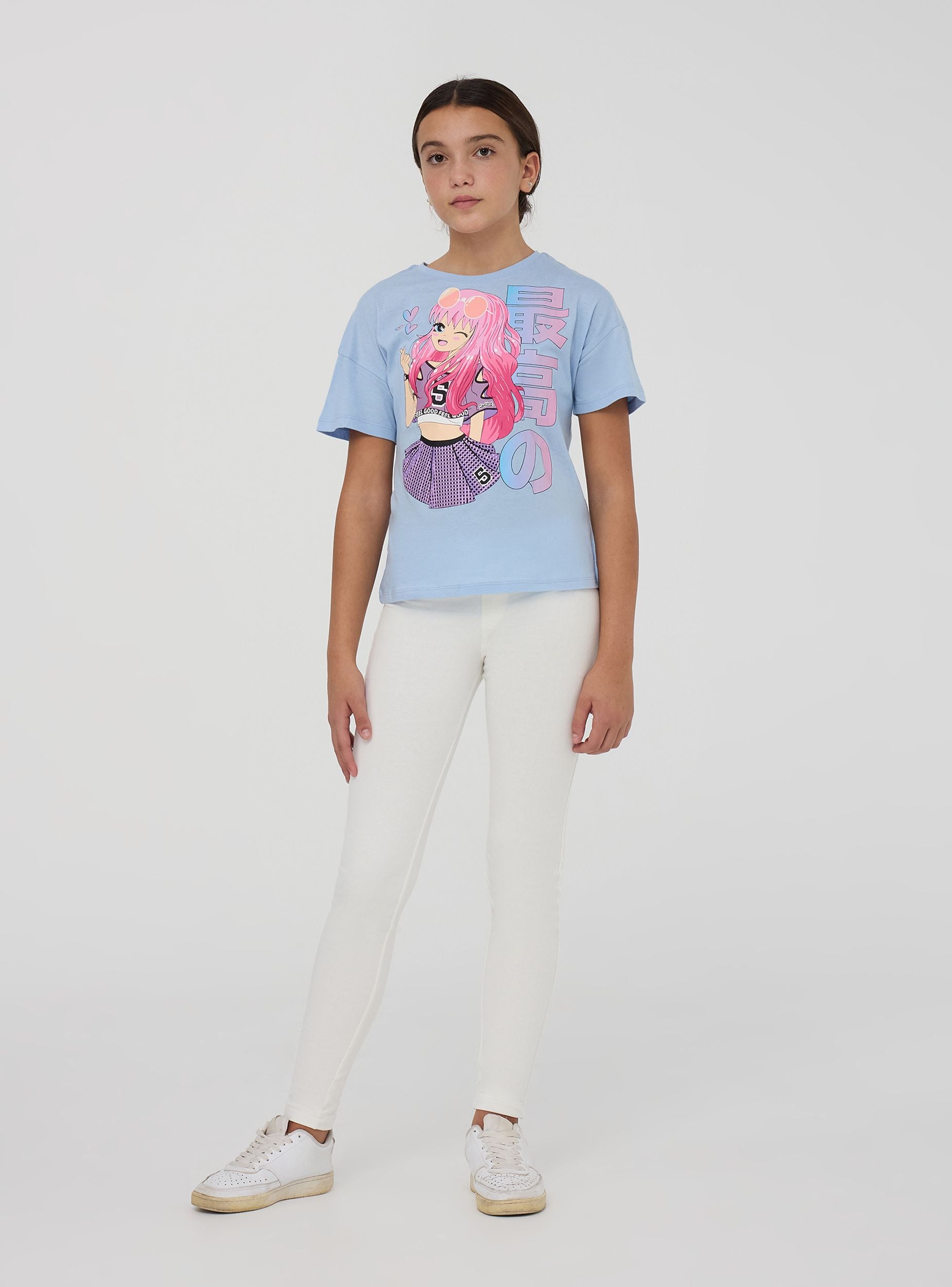 T-shirt manga con scritta giapponese Azzurro chiaro donna