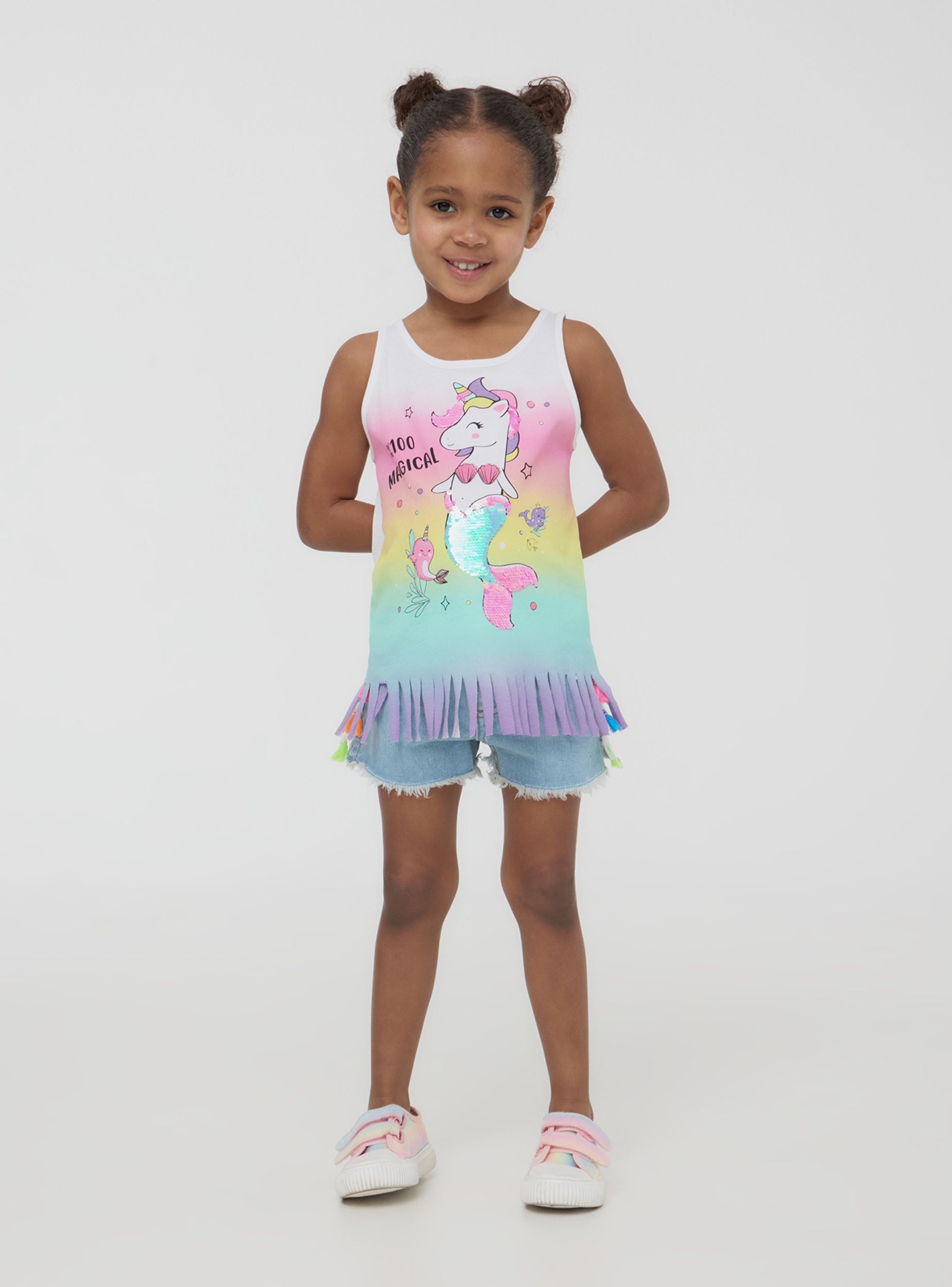 Top con unicorno e frange Bianco ottico donna