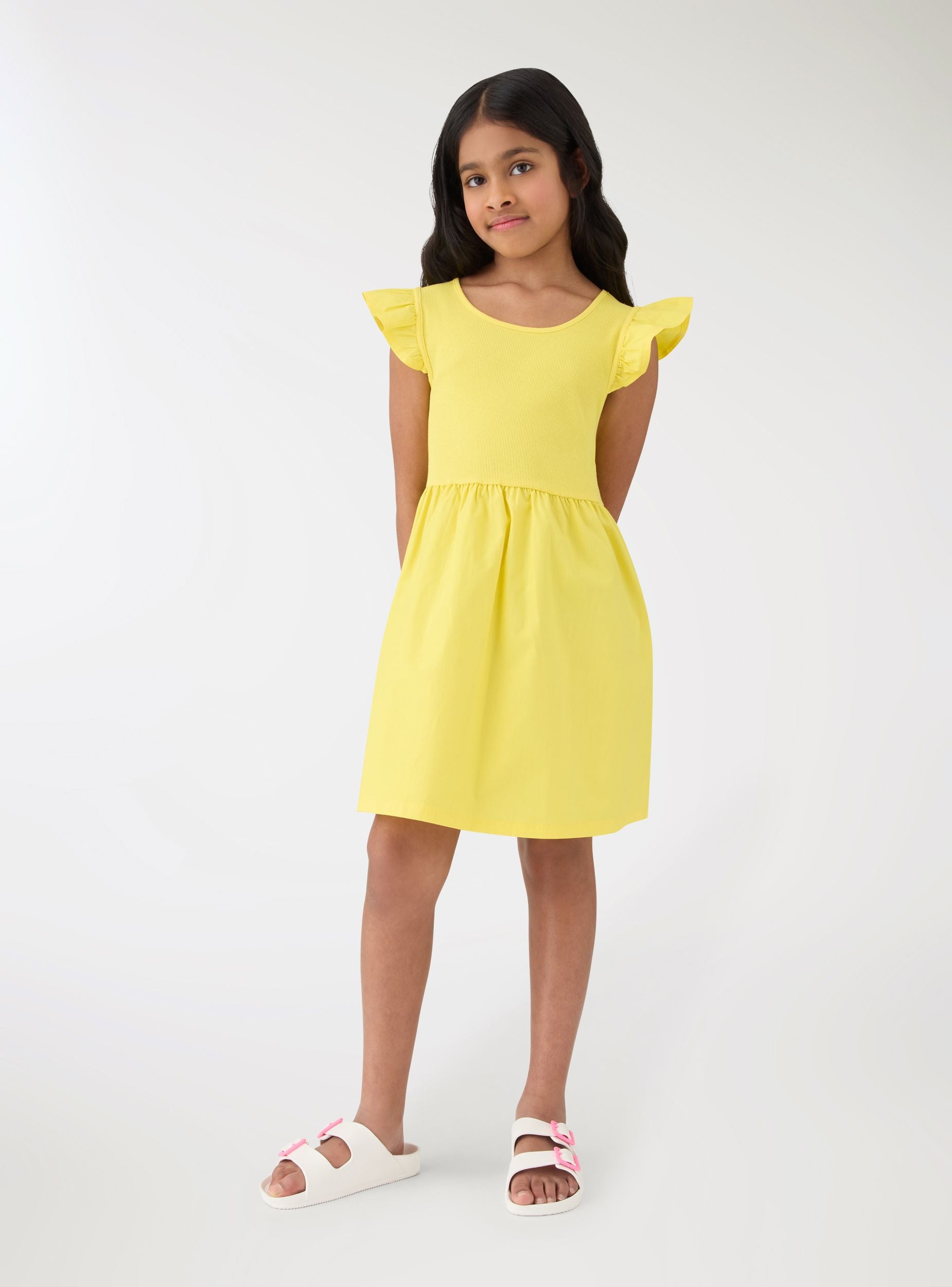 Plain-colour skater dress with ruffled sleeves