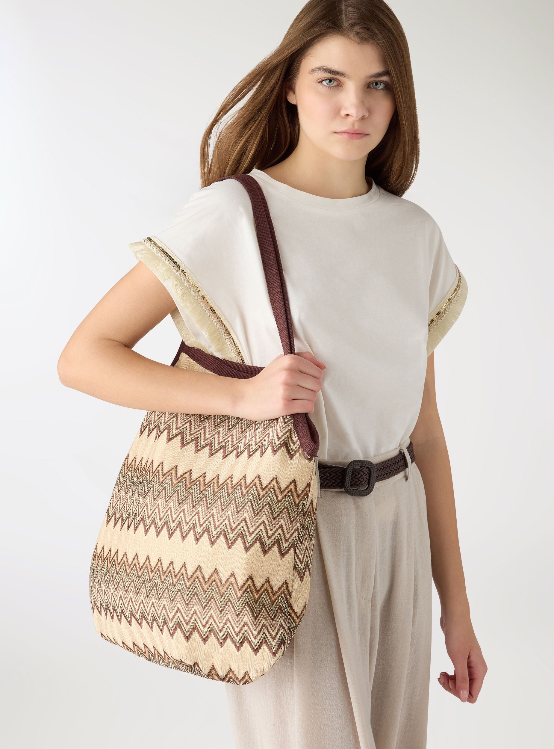 Shopper in maglia a fantasia zig zag Var cacao borse