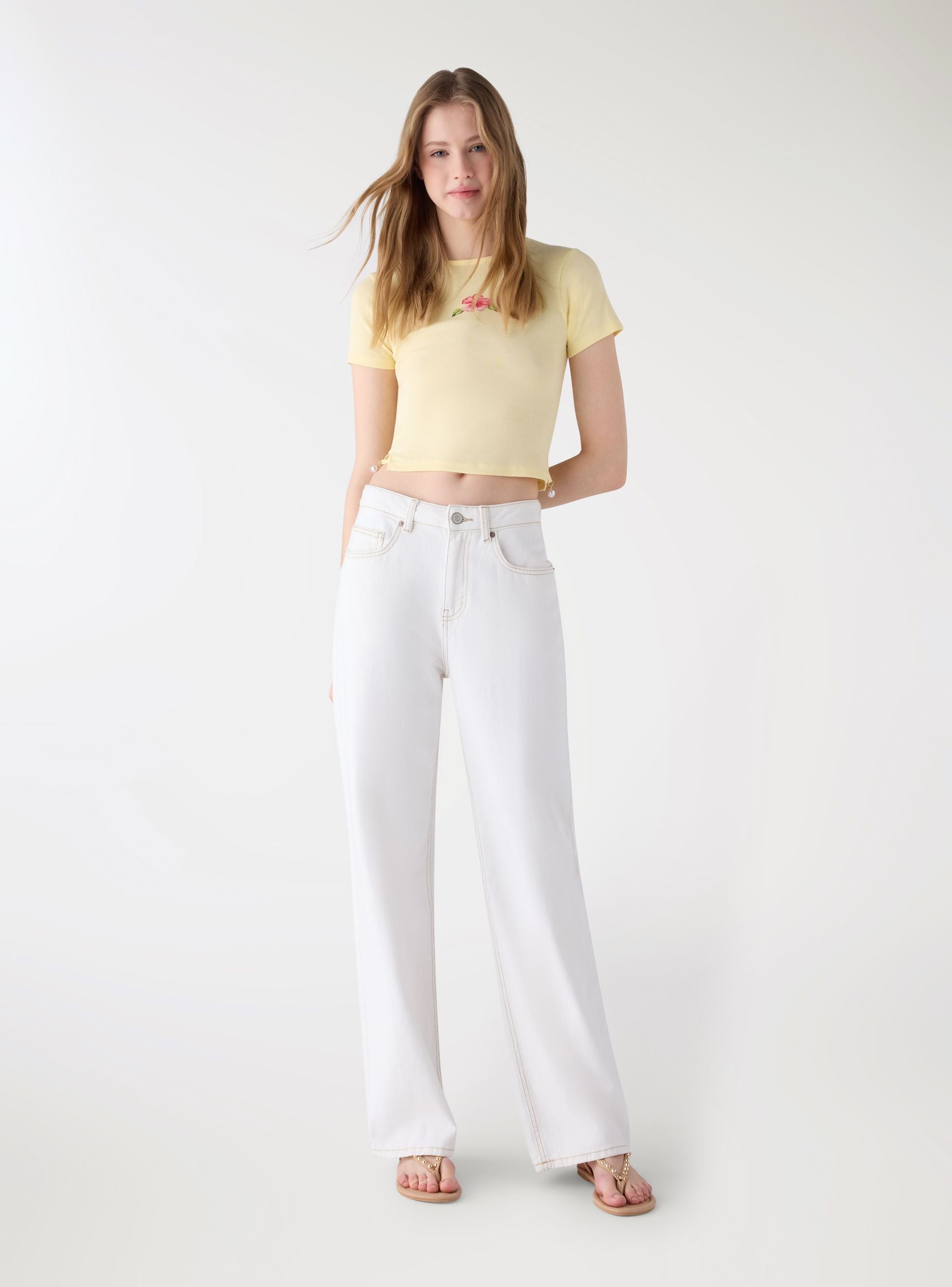 T-shirt crop con stampa hibiscus Giallo chiaro donna