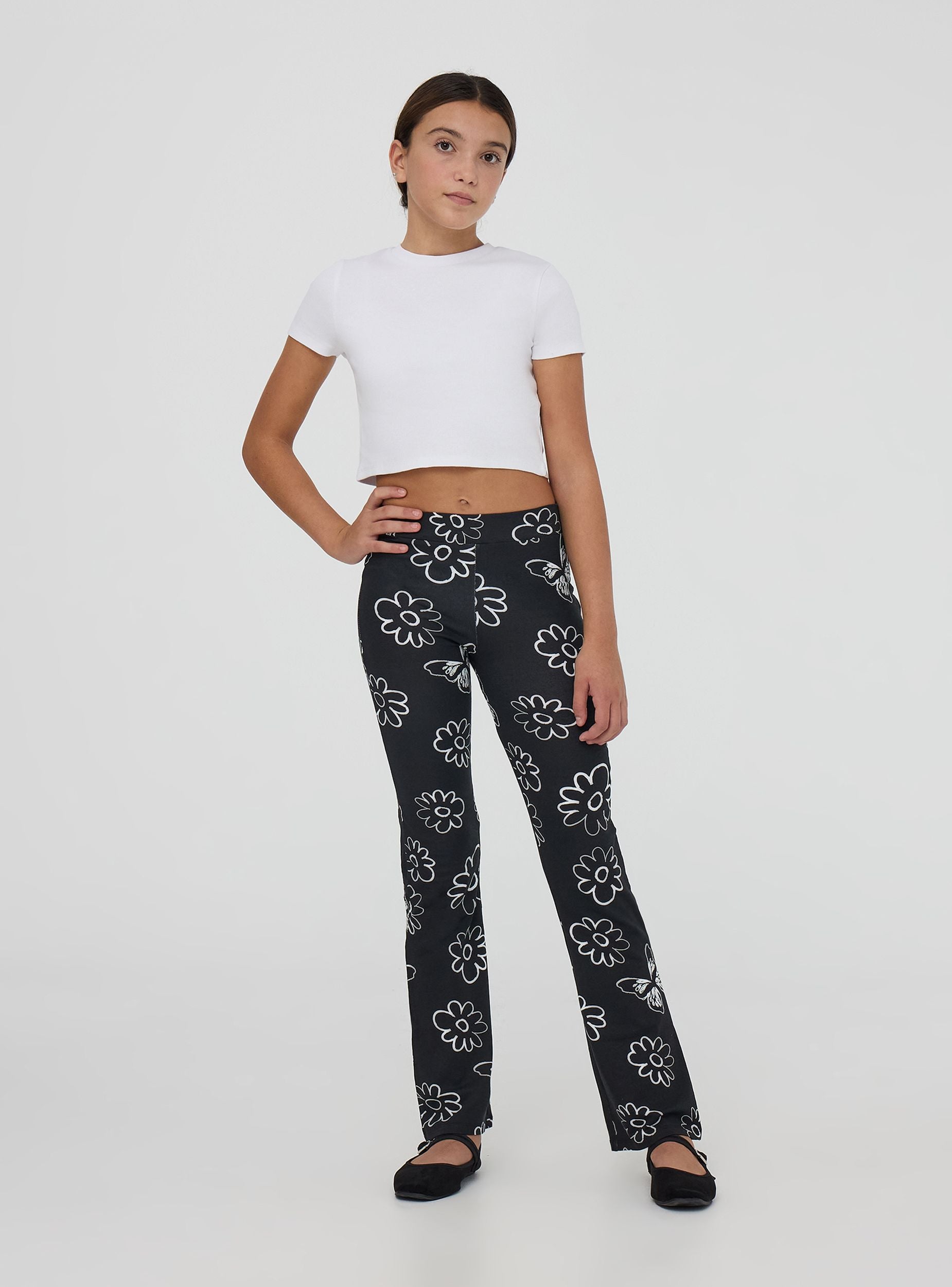 Leggings lunghi a zampa fantasia floreale Var nero