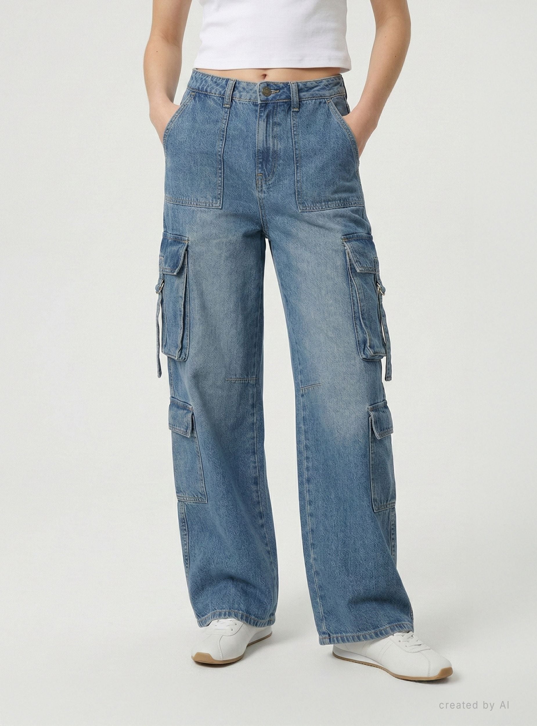 Jeans cargo a gamba ampia Blu denim medio