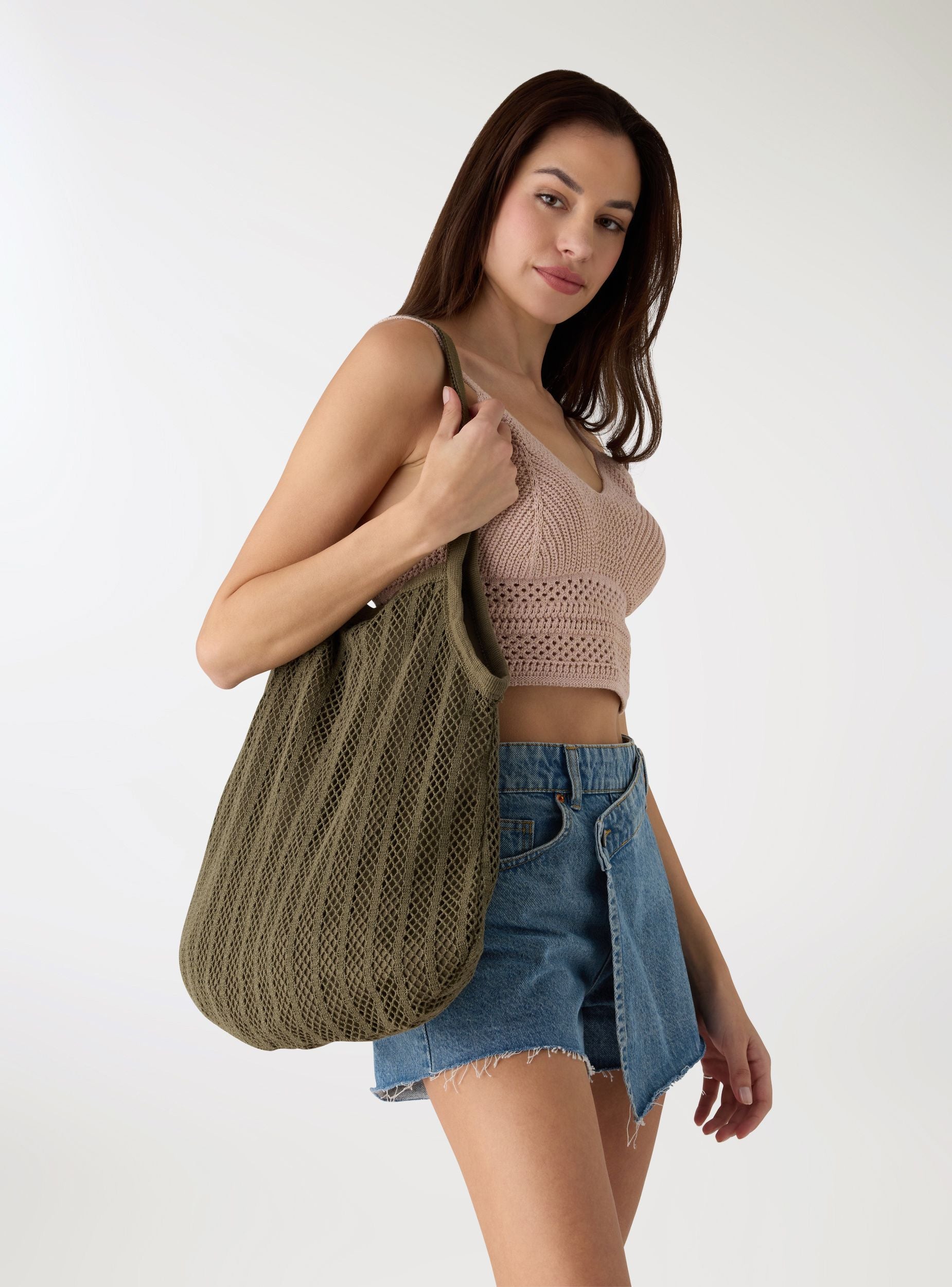 Shopper in maglia traforata Verde militare borse