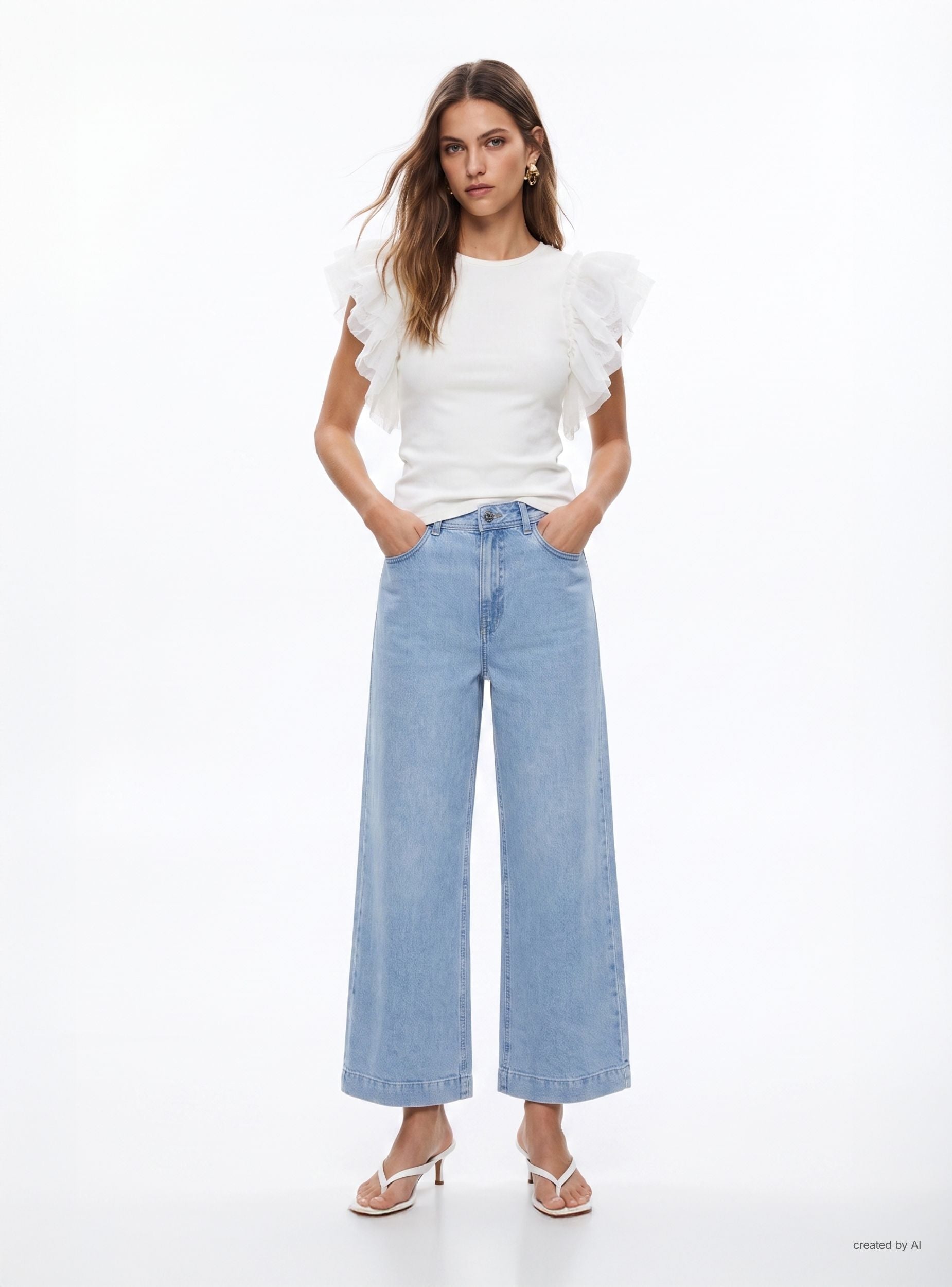 T-shirt con maniche a balze in tulle Bianco lana