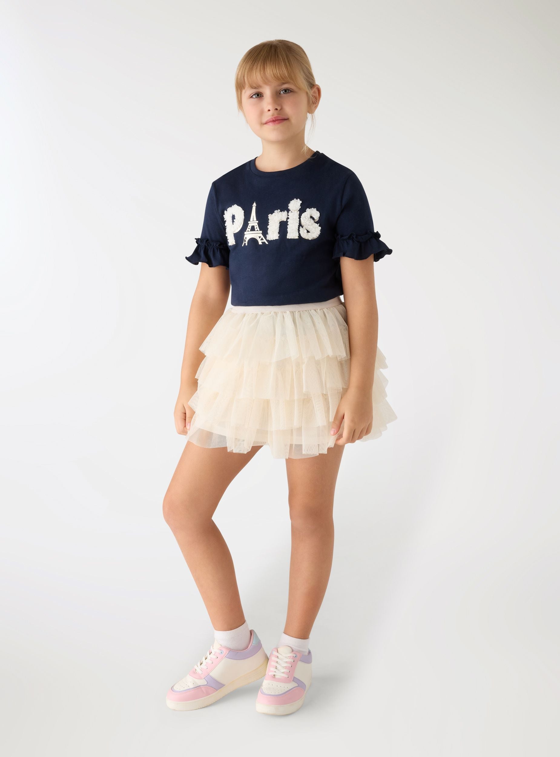 T-shirt con scritta e maniche a balze Blu scuro