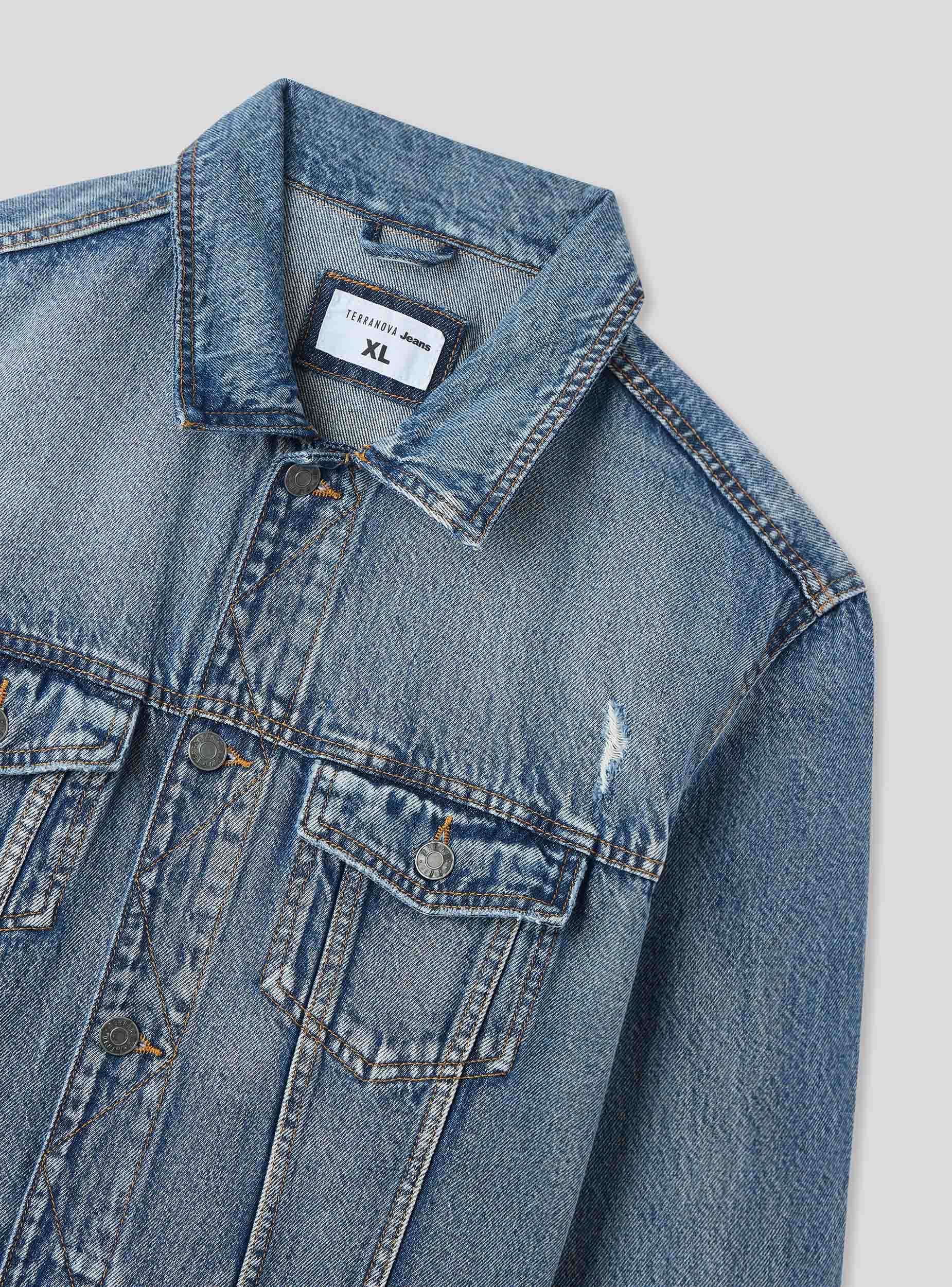Giubbino in jeans con piccoli strappi Blu denim medio