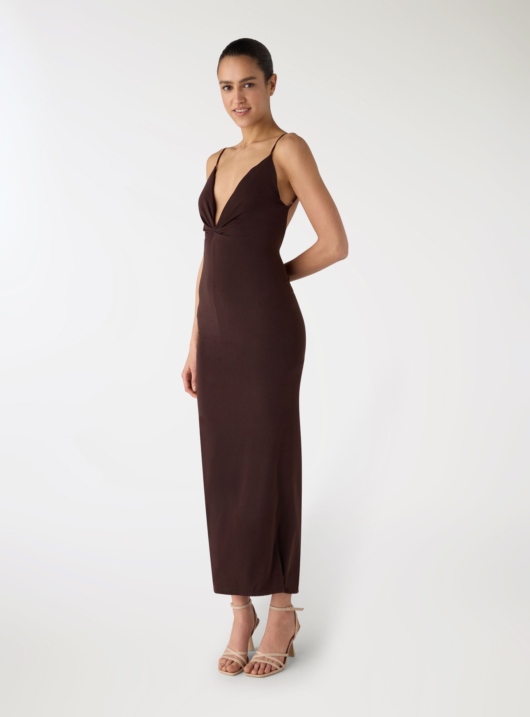 brown spaghetti strap dress Long dress with cups and ruching at the back