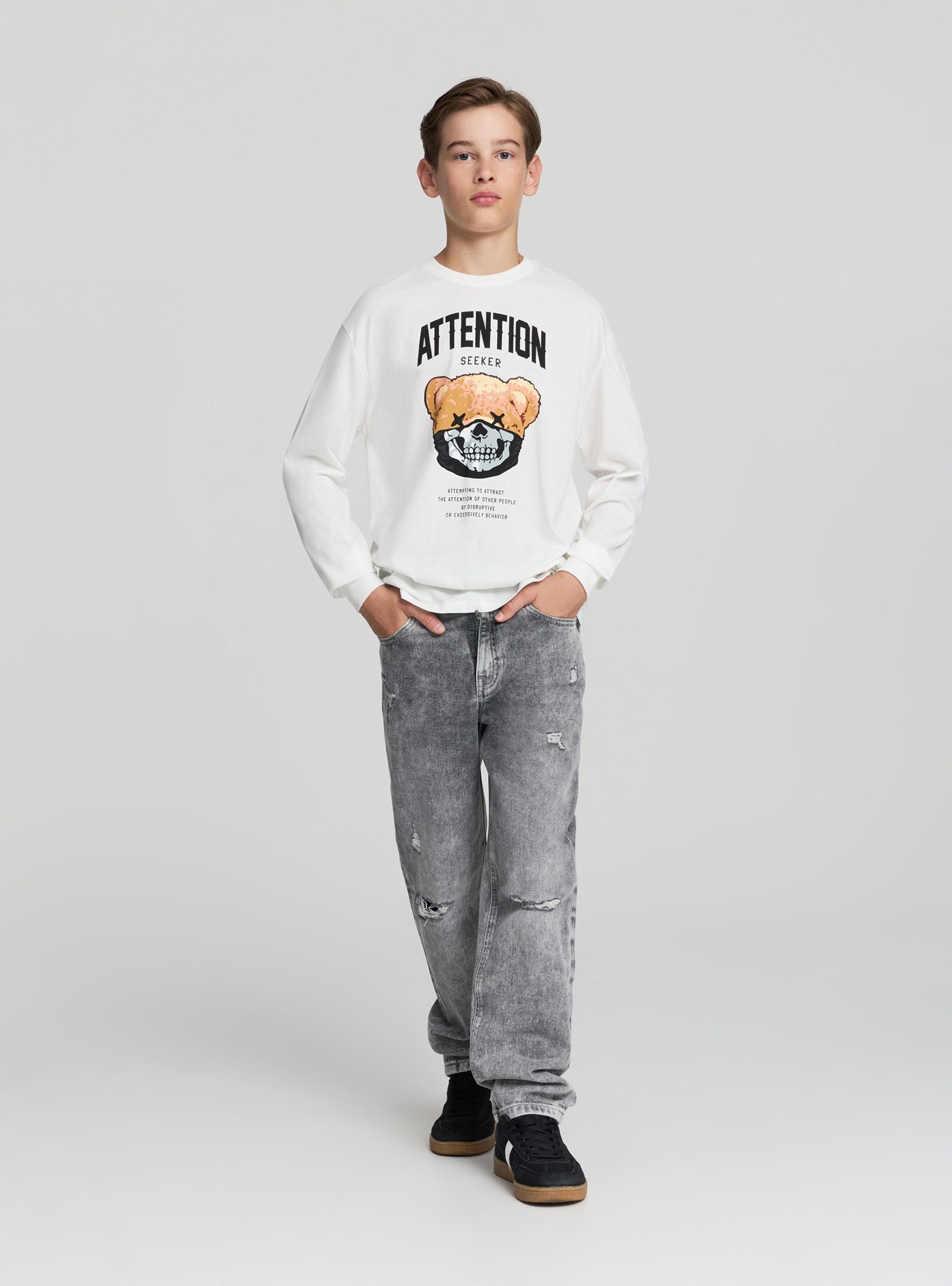 T-shirt maniche lunghe con stampa orso e scritta Bianco lana donna